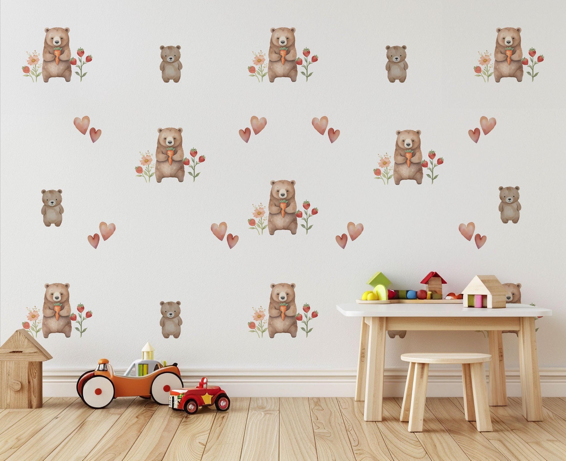 Bear Wall Stickers, Woodland Nursery Decor, Neutral Teddy Bear Strawberry Heart Wall Decals, Kids Room Baby Nursery Peel and Stick Art