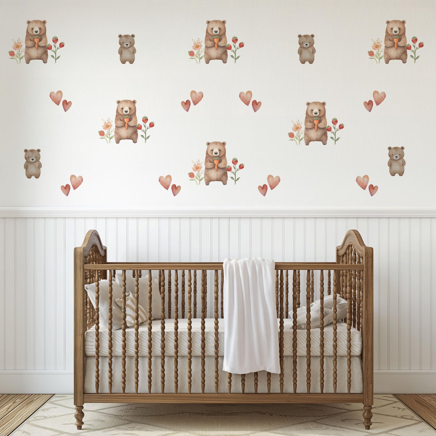 Bear Wall Stickers, Woodland Nursery Decor, Neutral Teddy Bear Strawberry Heart Wall Decals, Kids Room Baby Nursery Peel and Stick Art