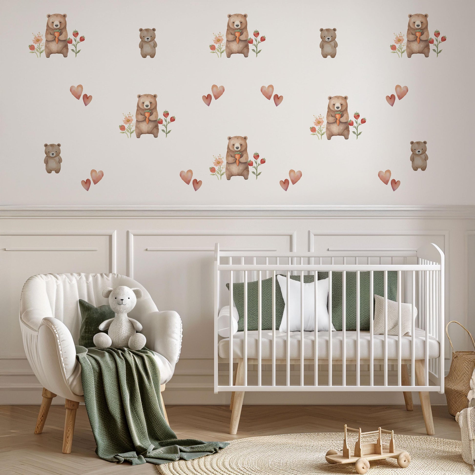 Bear Wall Stickers, Woodland Nursery Decor, Neutral Teddy Bear Strawberry Heart Wall Decals, Kids Room Baby Nursery Peel and Stick Art