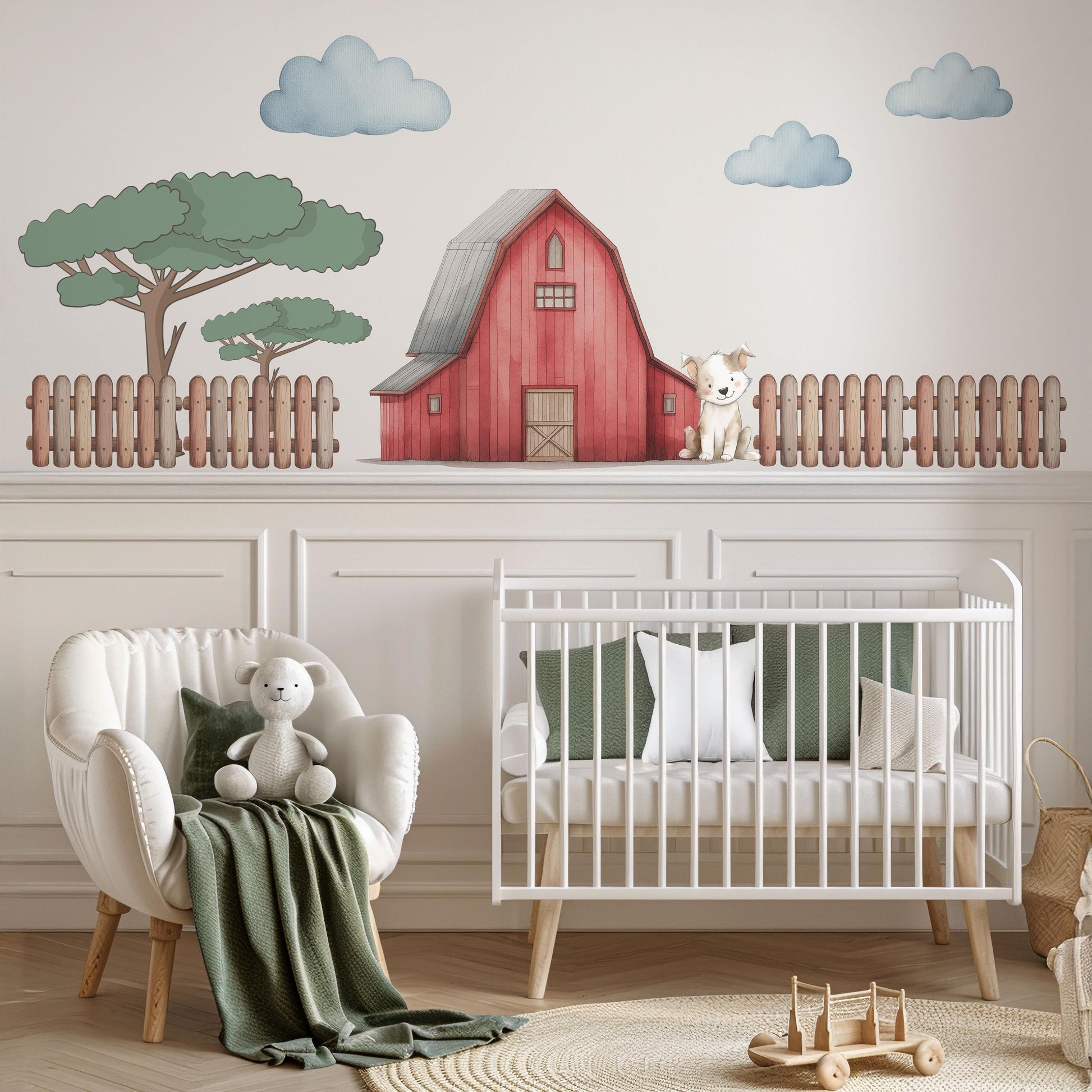 Farm Wall Stickers, Barn Nursery Decor, Red Barn Puppy Tree Fence Wall Decals, Boys Kids Room Baby Nursery Peel and Stick Wall Art
