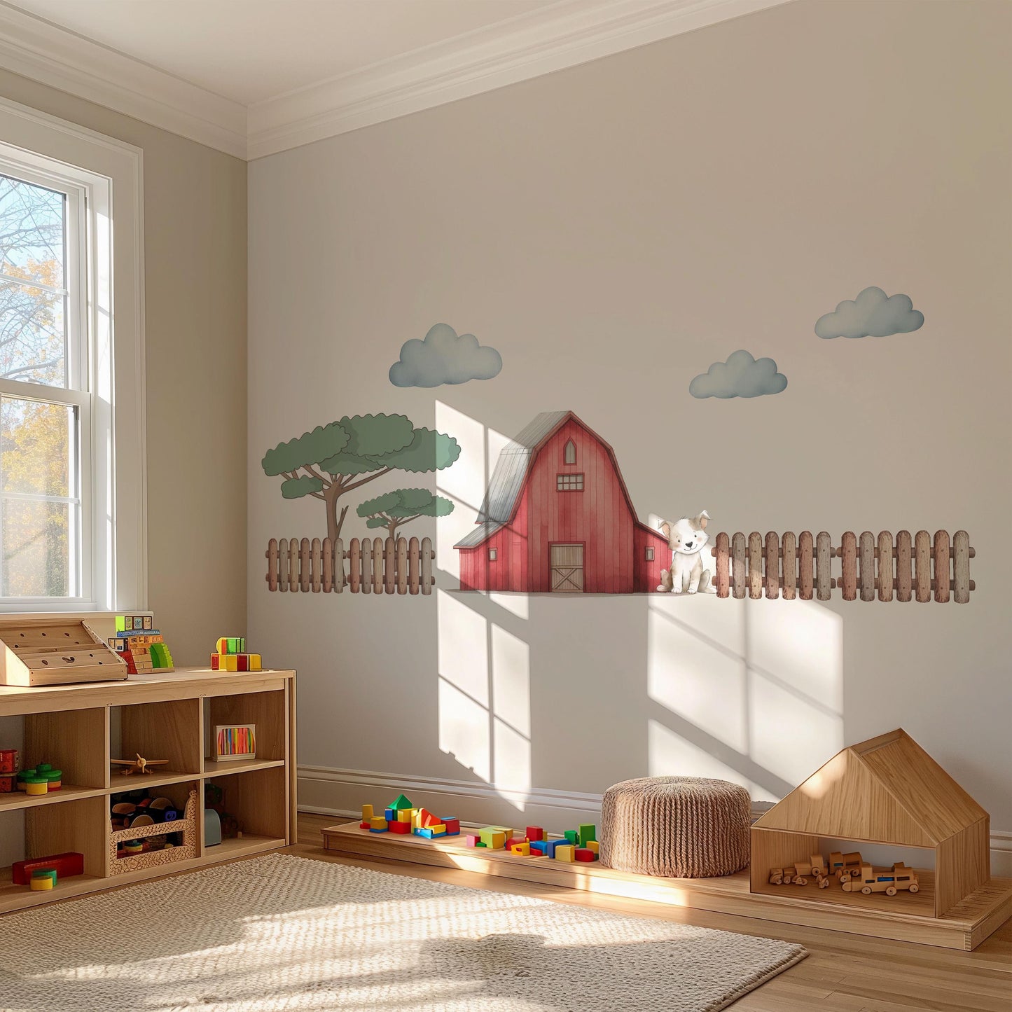 Farm Wall Stickers, Barn Nursery Decor, Red Barn Puppy Tree Fence Wall Decals, Boys Kids Room Baby Nursery Peel and Stick Wall Art