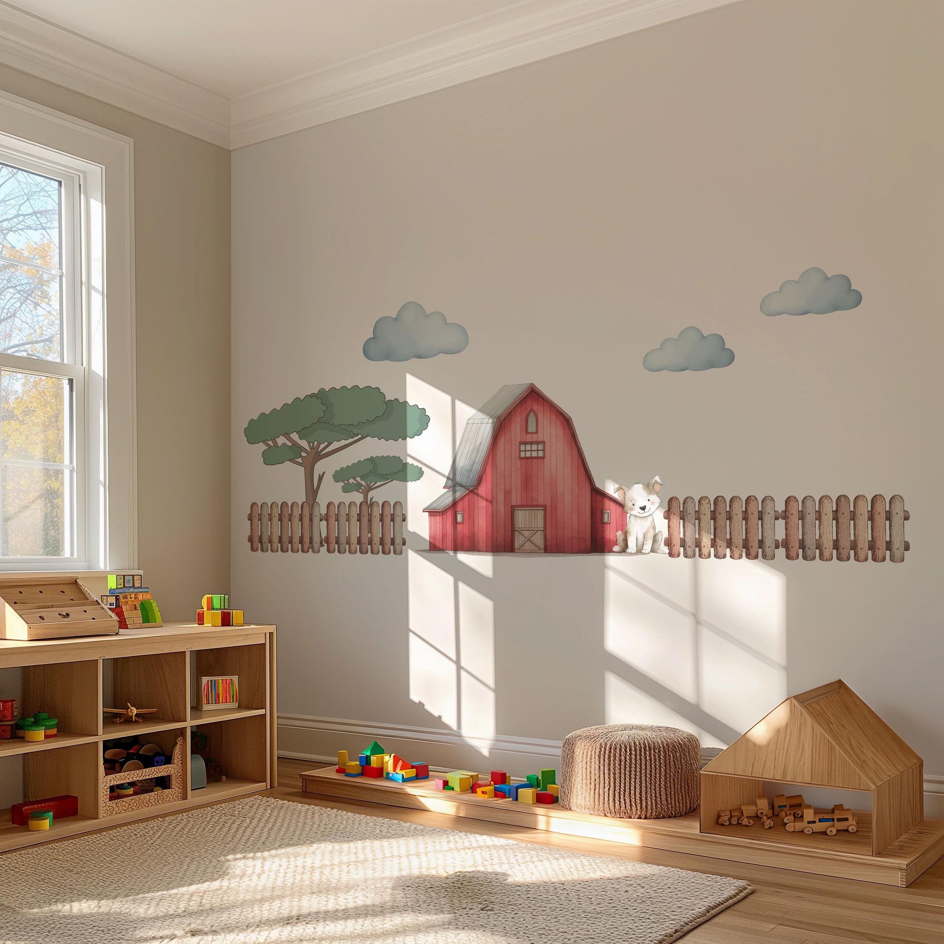 Farm Wall Stickers, Barn Nursery Decor, Red Barn Puppy Tree Fence Wall Decals, Boys Kids Room Baby Nursery Peel and Stick Wall Art