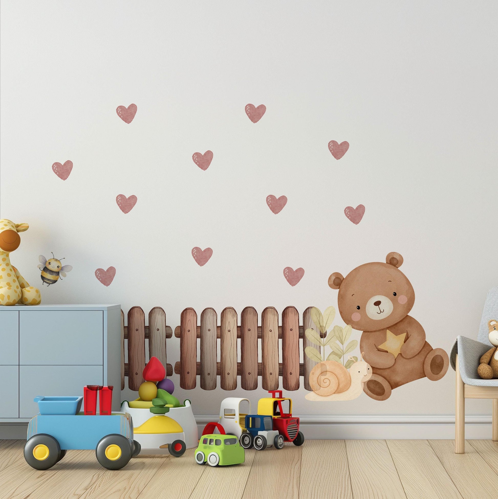 Teddy Bear Wall Stickers, Neutral Nursery Decor, Boho Bear Heart Bee Snail Wall Decals, Kids Room Baby Nursery Peel and Stick Wall Art