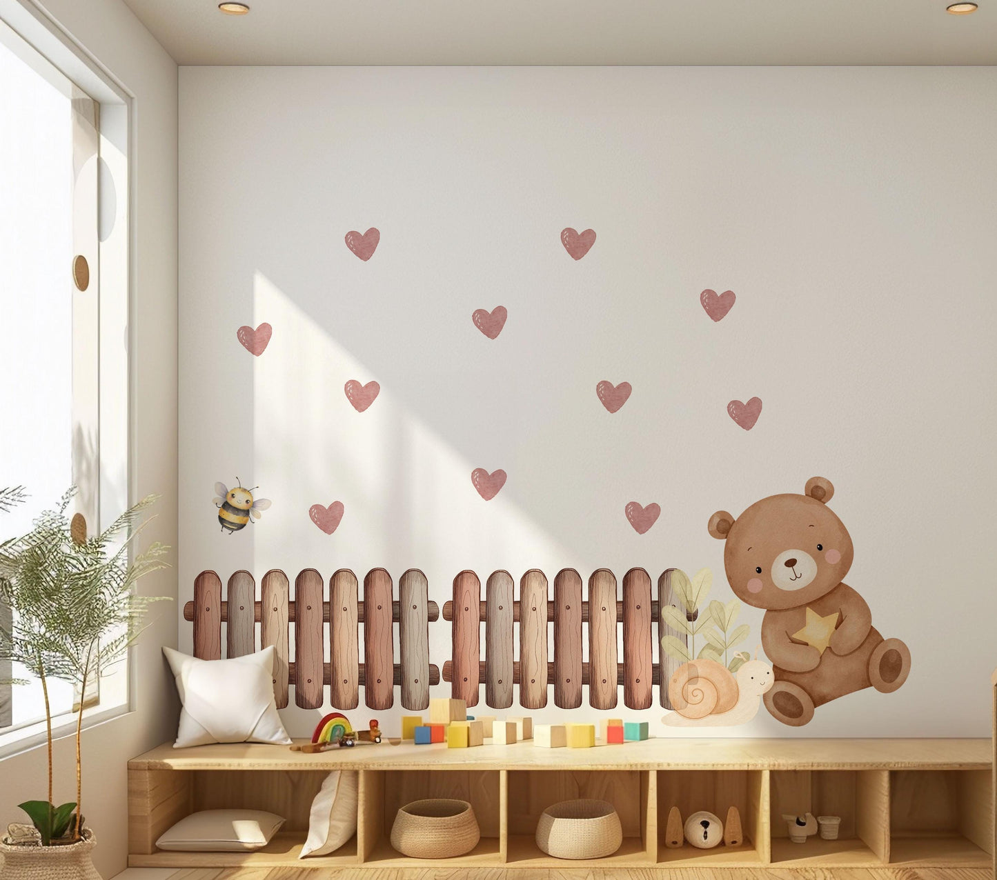 Teddy Bear Wall Stickers, Neutral Nursery Decor, Boho Bear Heart Bee Snail Wall Decals, Kids Room Baby Nursery Peel and Stick Wall Art