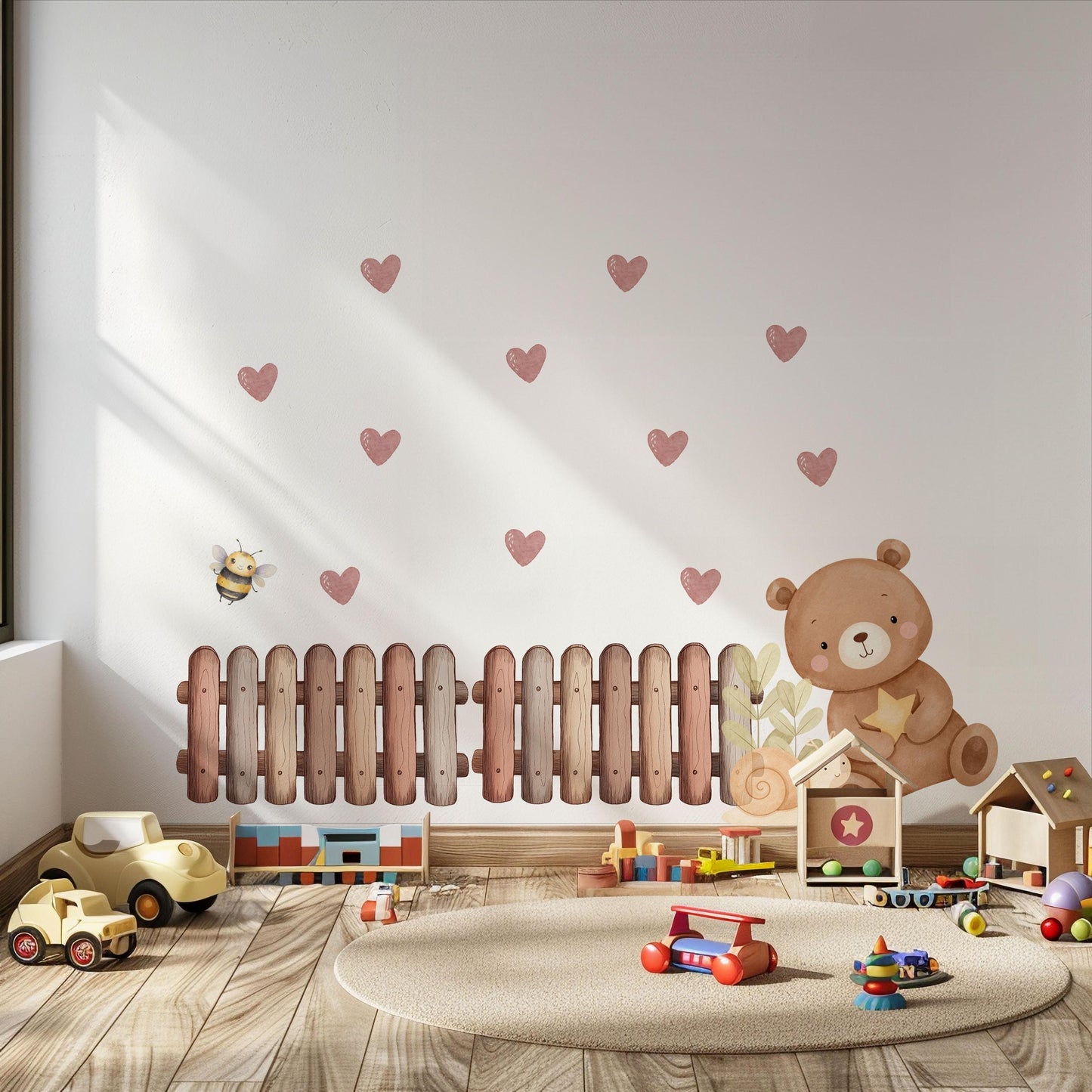 Teddy Bear Wall Stickers, Neutral Nursery Decor, Boho Bear Heart Bee Snail Wall Decals, Kids Room Baby Nursery Peel and Stick Wall Art