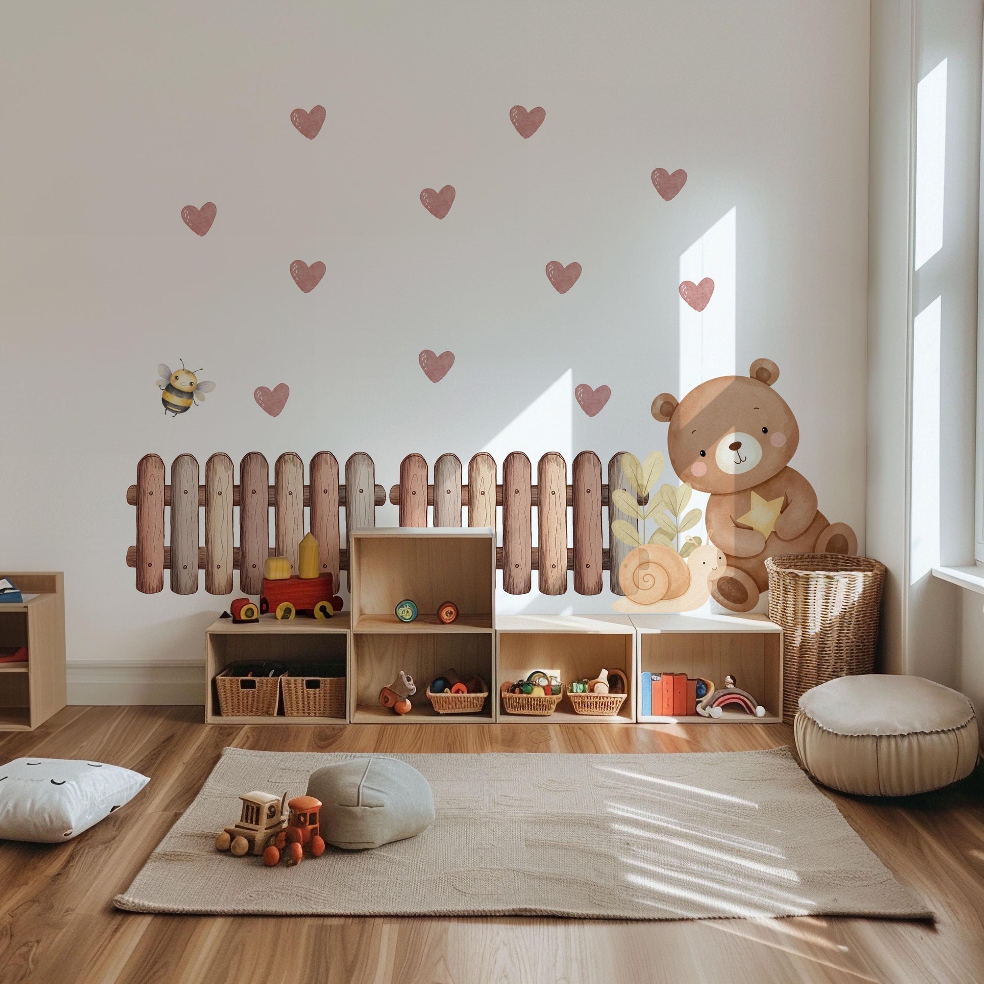 Teddy Bear Wall Stickers, Neutral Nursery Decor, Boho Bear Heart Bee Snail Wall Decals, Kids Room Baby Nursery Peel and Stick Wall Art