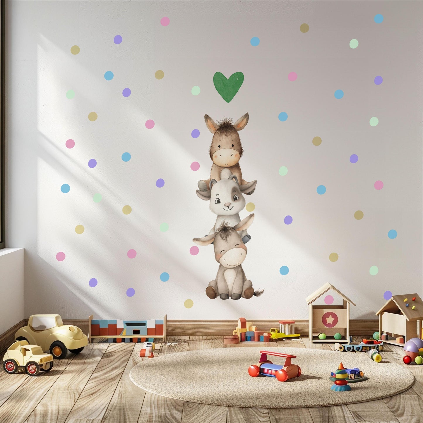 Farm Animal Wall Stickers, Baby Animal Nursery Decor, Donkey Goat Polka Dot Wall Decals, Neutral Kids Room Playroom Peel and Stick Art
