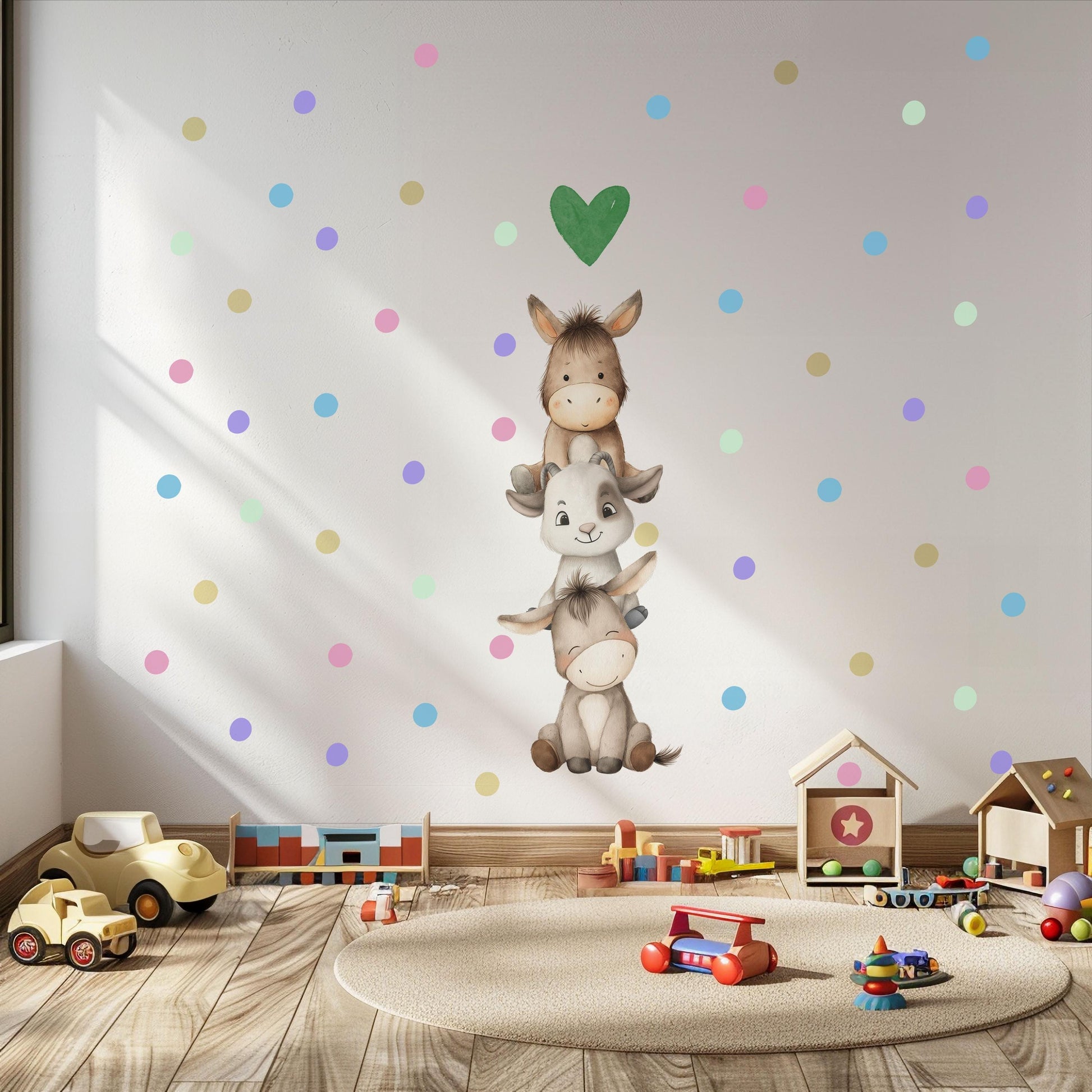 Farm Animal Wall Stickers, Baby Animal Nursery Decor, Donkey Goat Polka Dot Wall Decals, Neutral Kids Room Playroom Peel and Stick Art