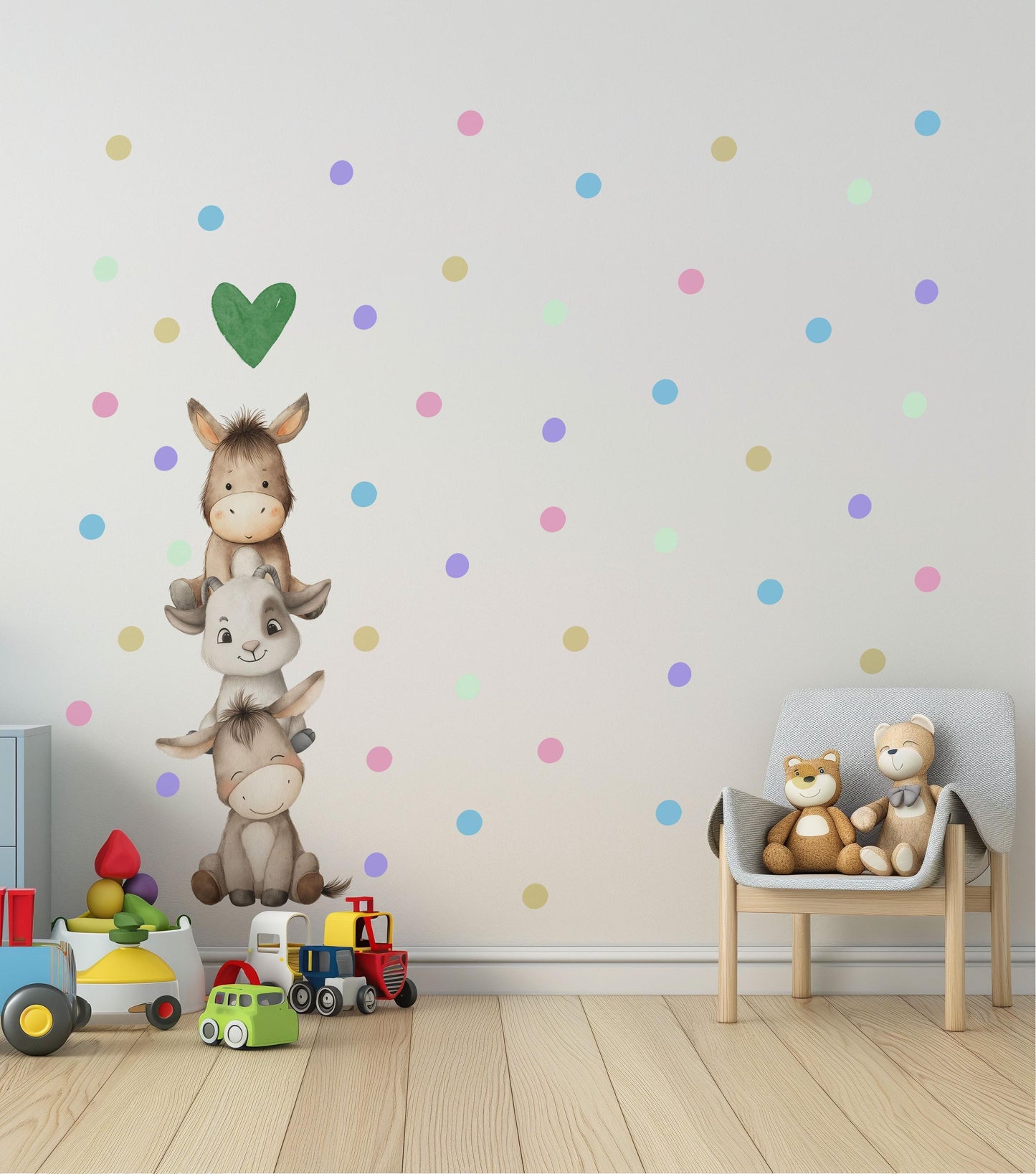Farm Animal Wall Stickers, Baby Animal Nursery Decor, Donkey Goat Polka Dot Wall Decals, Neutral Kids Room Playroom Peel and Stick Art