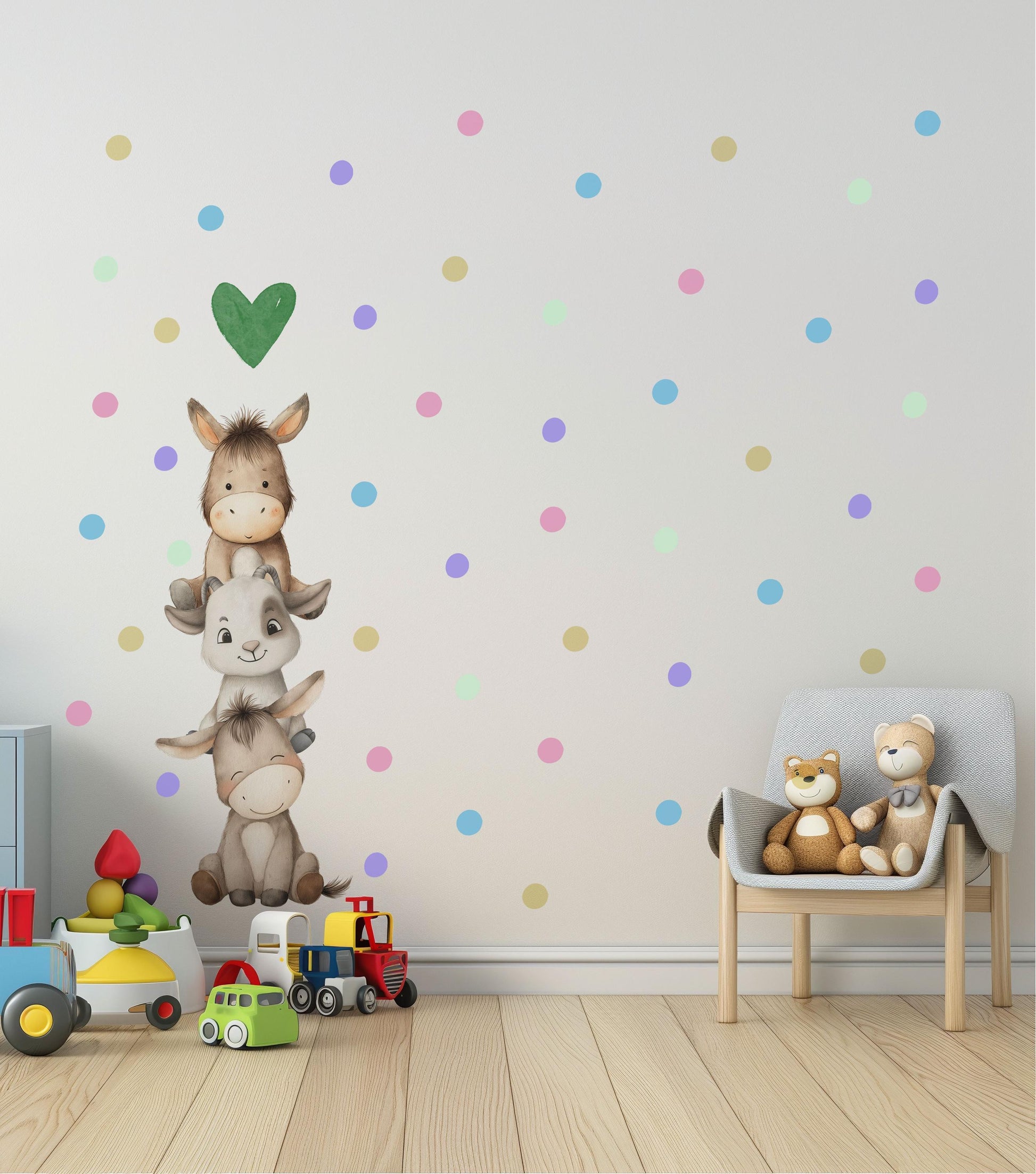 Farm Animal Wall Stickers, Baby Animal Nursery Decor, Donkey Goat Polka Dot Wall Decals, Neutral Kids Room Playroom Peel and Stick Art