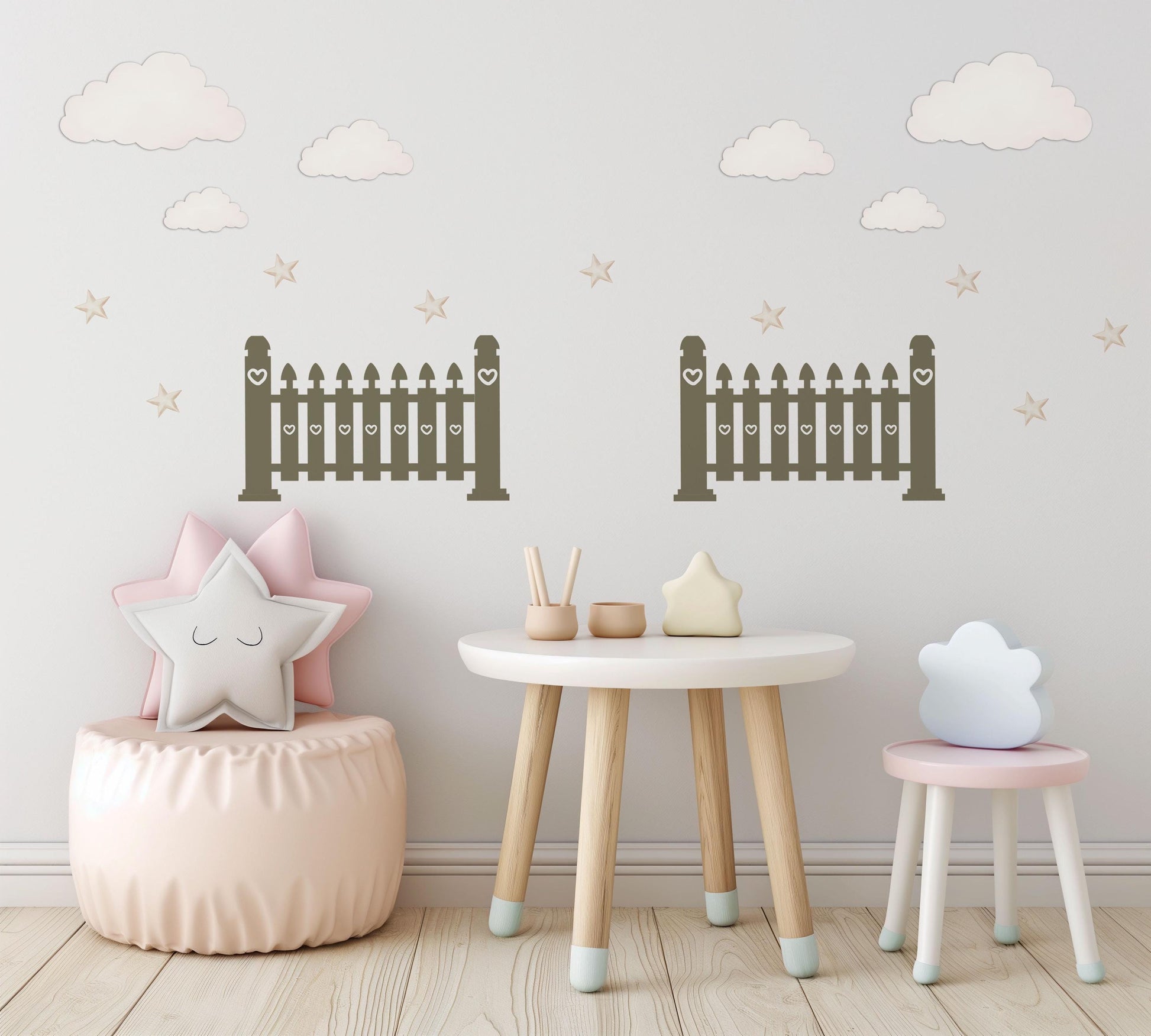 Cloud Wall Stickers, Star Nursery Decor, Neutral Fence Cloud Star Wall Decals, Gender Neutral Boho Kids Room Peel and Stick Wall Art