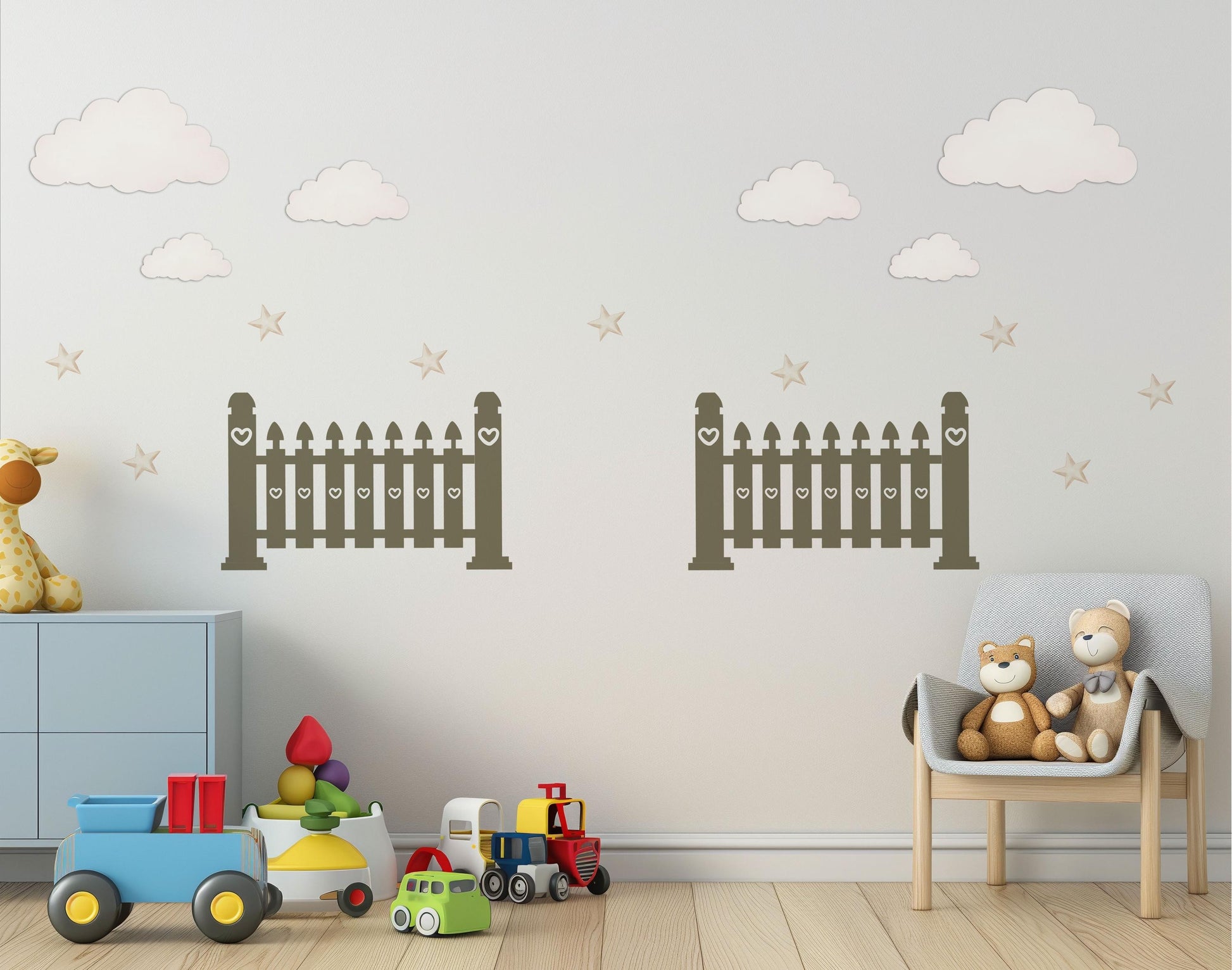 Cloud Wall Stickers, Star Nursery Decor, Neutral Fence Cloud Star Wall Decals, Gender Neutral Boho Kids Room Peel and Stick Wall Art