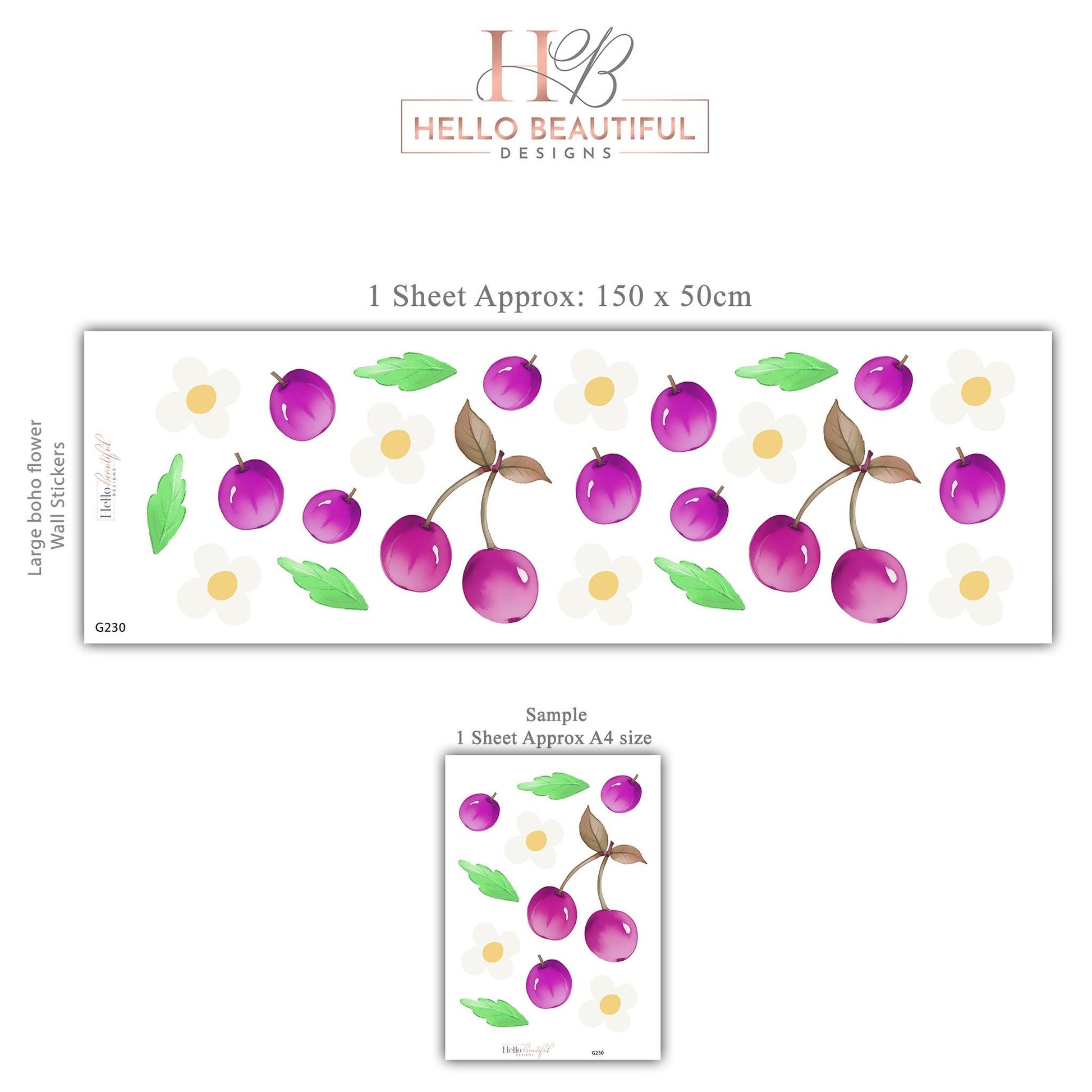 Cherry Wall Stickers, Girls Nursery Decor, Purple Cherry Daisy Fruit Wall Decals, Kids Bedroom Playroom Peel and Stick Wall Art