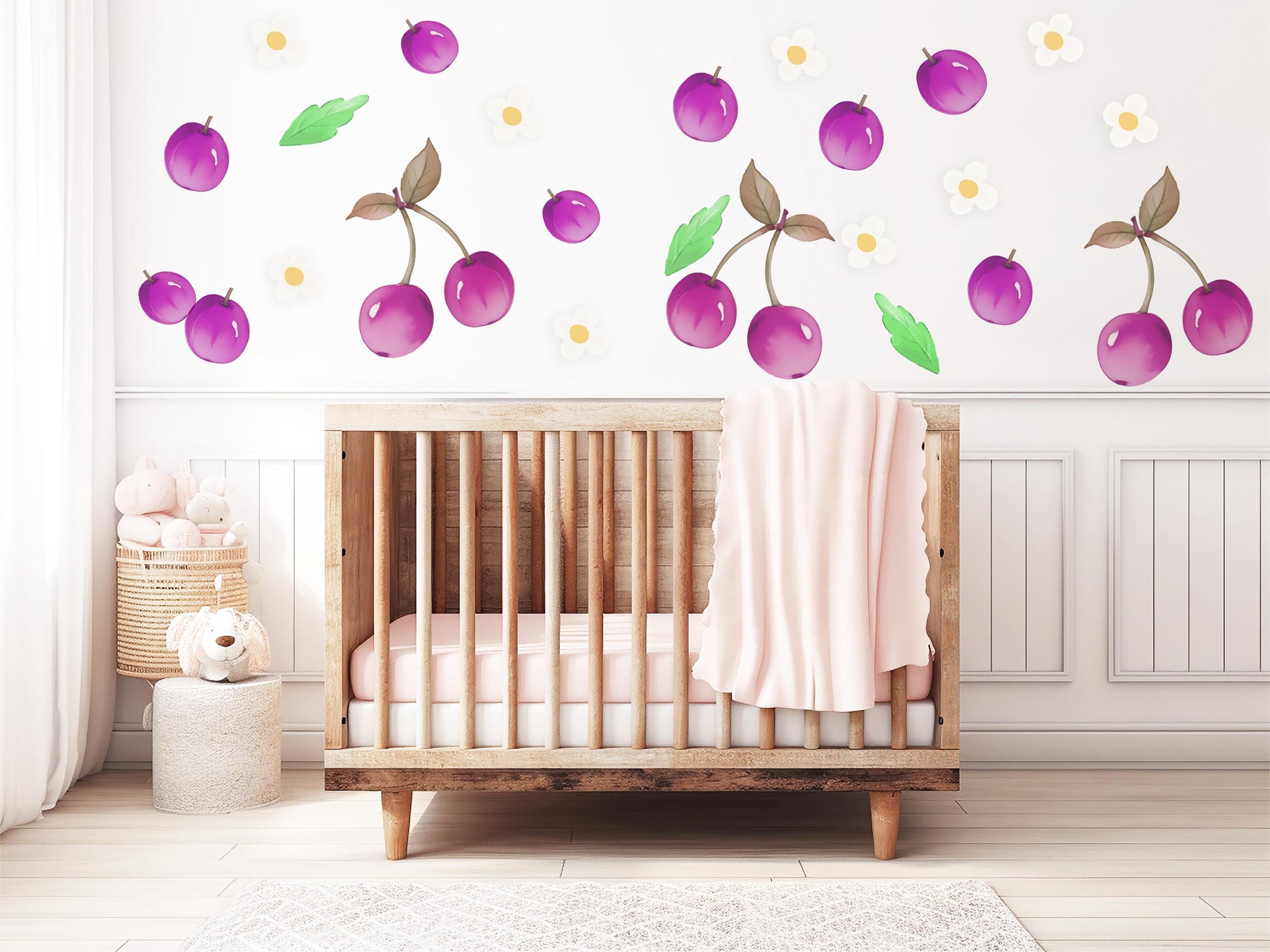 Cherry Wall Stickers, Girls Nursery Decor, Purple Cherry Daisy Fruit Wall Decals, Kids Bedroom Playroom Peel and Stick Wall Art