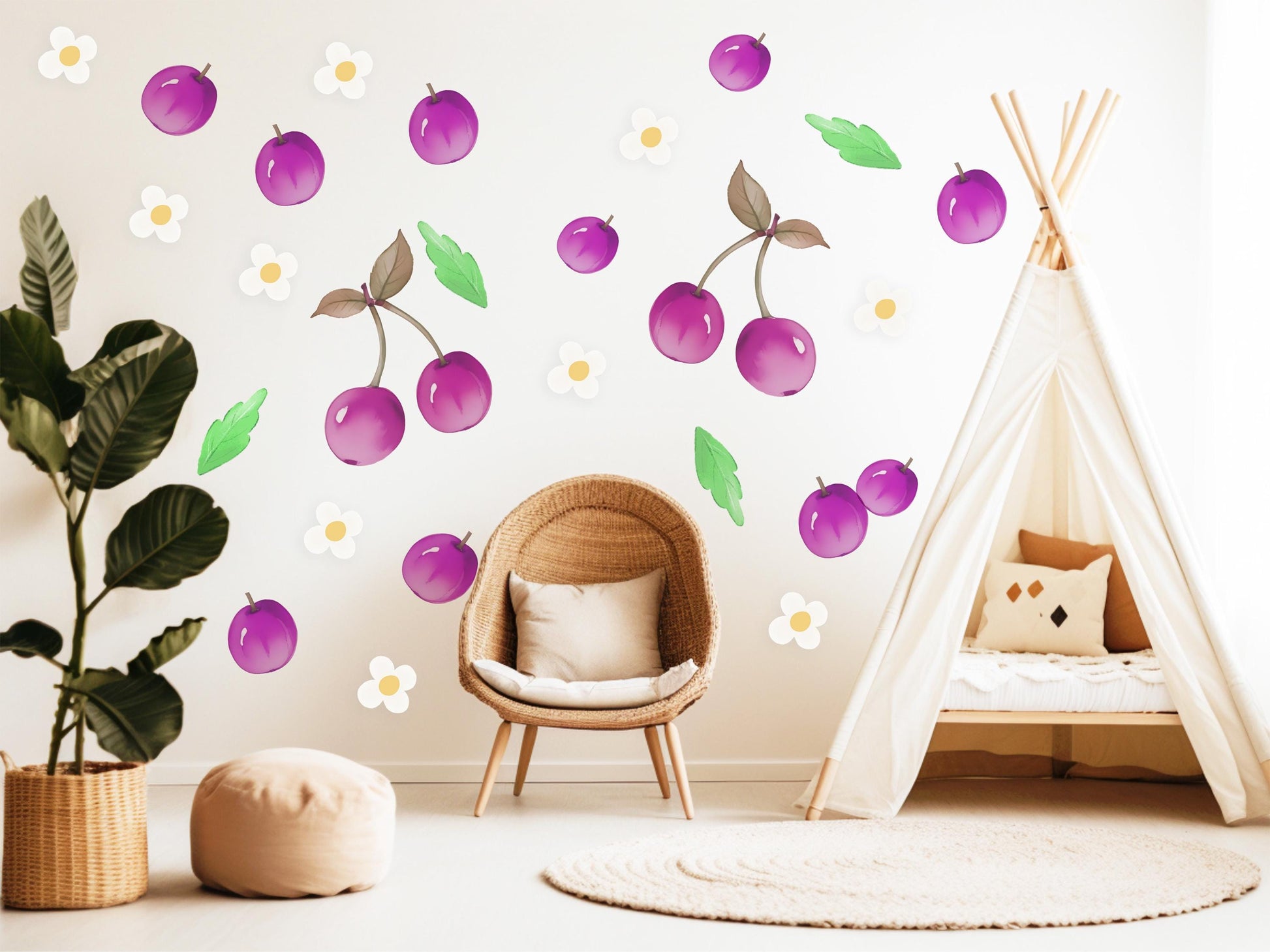 Cherry Wall Stickers, Girls Nursery Decor, Purple Cherry Daisy Fruit Wall Decals, Kids Bedroom Playroom Peel and Stick Wall Art