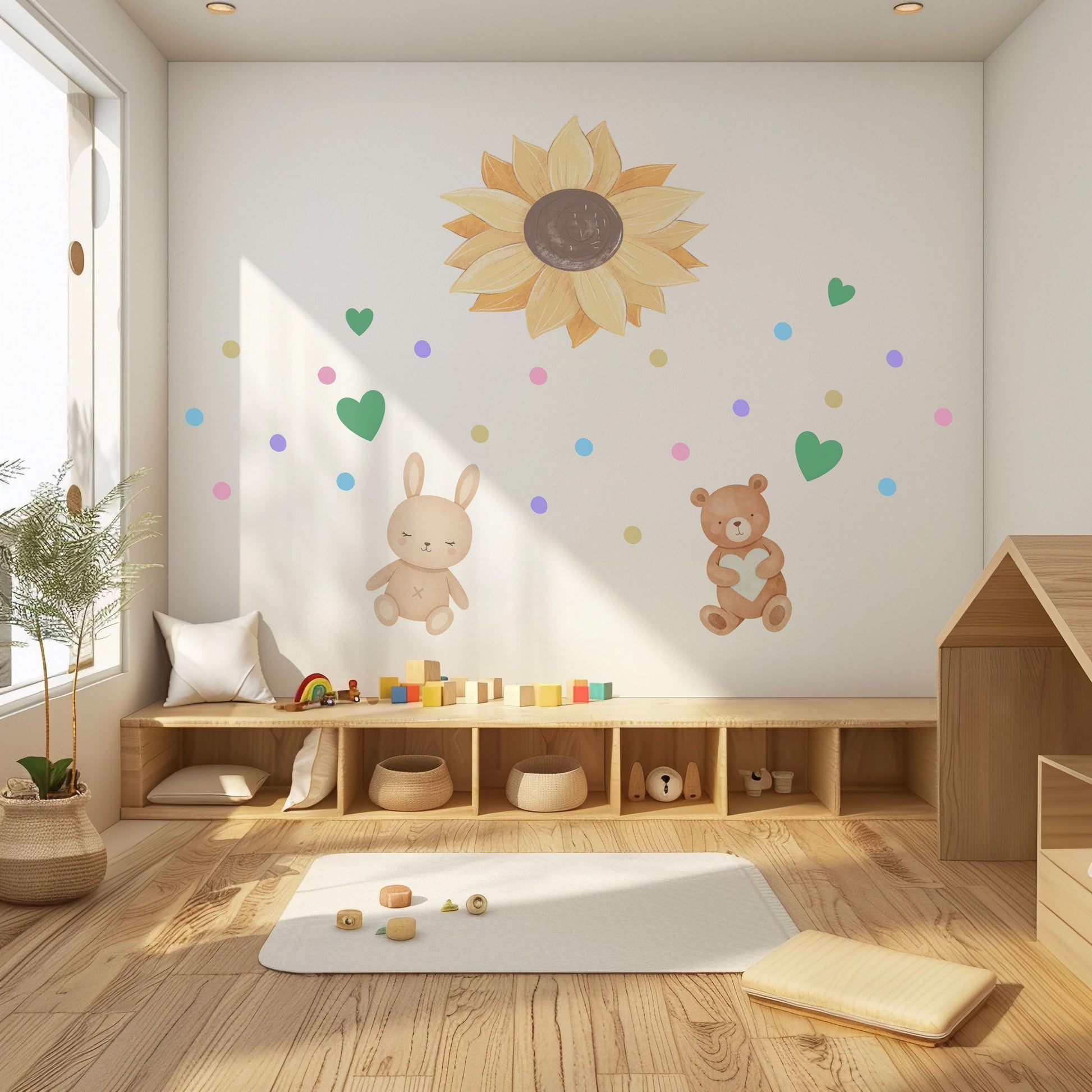 Sunflower Wall Stickers, Teddy Bear Bunny Nursery Decor, Neutral Boho Heart Wall Decals, Kids Room Baby Nursery Peel and Stick Art