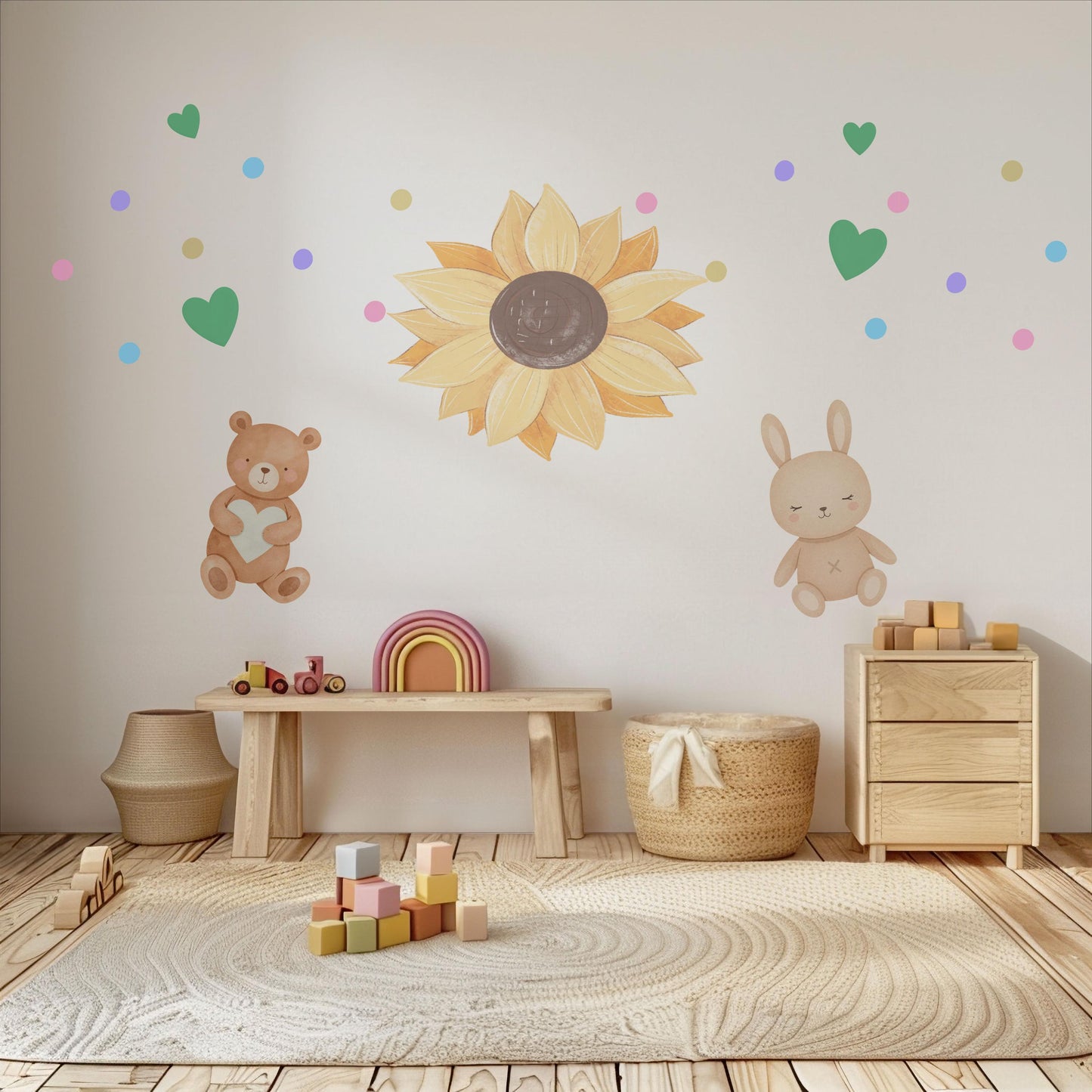 Sunflower Wall Stickers, Teddy Bear Bunny Nursery Decor, Neutral Boho Heart Wall Decals, Kids Room Baby Nursery Peel and Stick Art