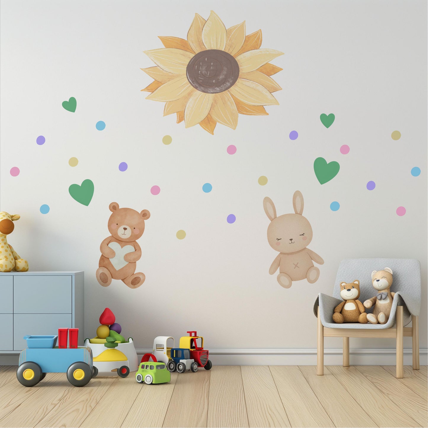 Sunflower Wall Stickers, Teddy Bear Bunny Nursery Decor, Neutral Boho Heart Wall Decals, Kids Room Baby Nursery Peel and Stick Art