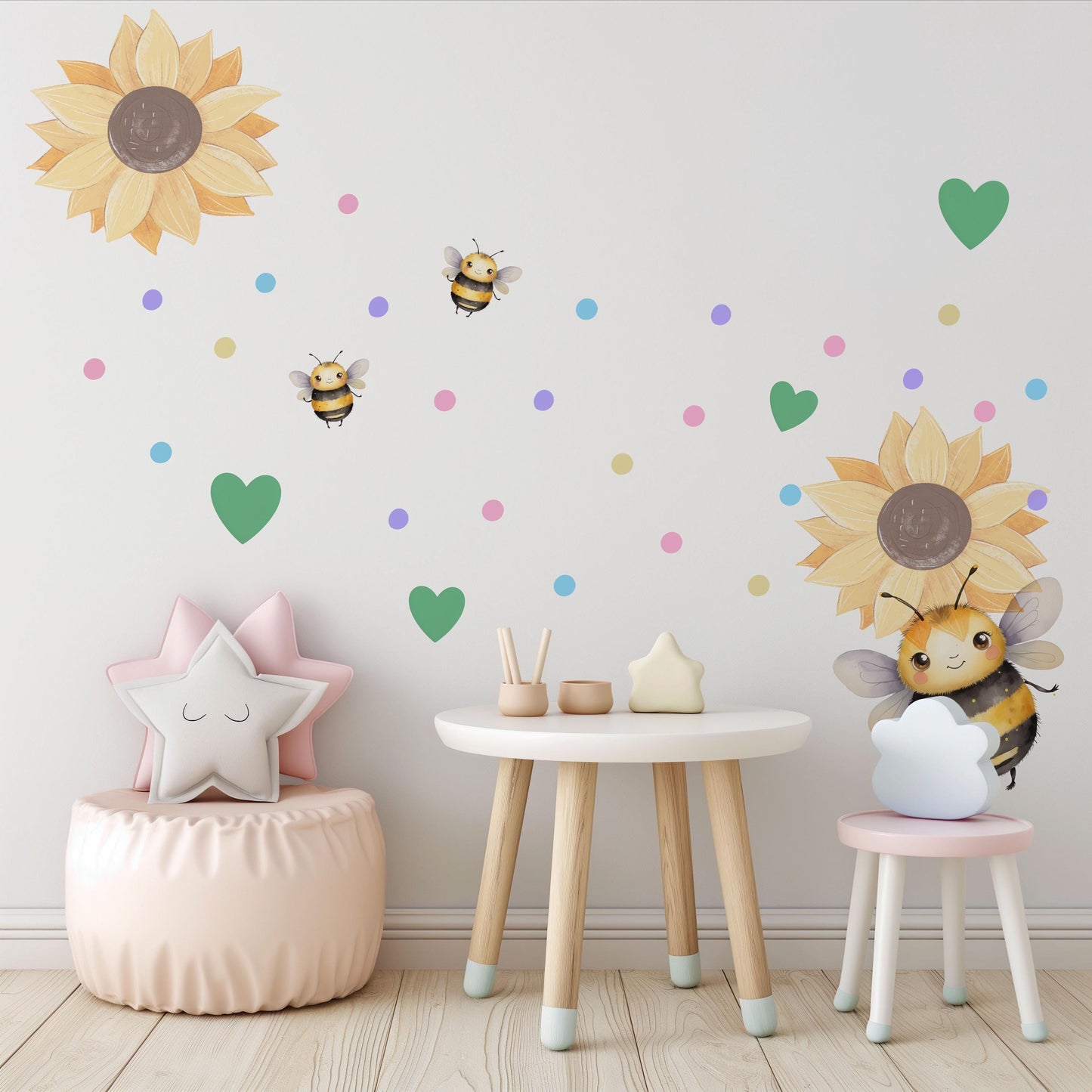 Bee Wall Stickers, Bee Nursery Decor, Bumble Bee Sunflower Heart Wall Decals, Neutral Kids Room Baby Nursery Peel and Stick Wall Art