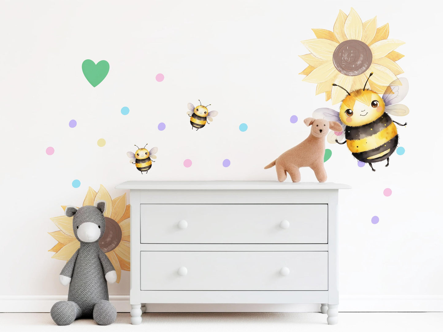 Bee Wall Stickers, Bee Nursery Decor, Bumble Bee Sunflower Heart Wall Decals, Neutral Kids Room Baby Nursery Peel and Stick Wall Art