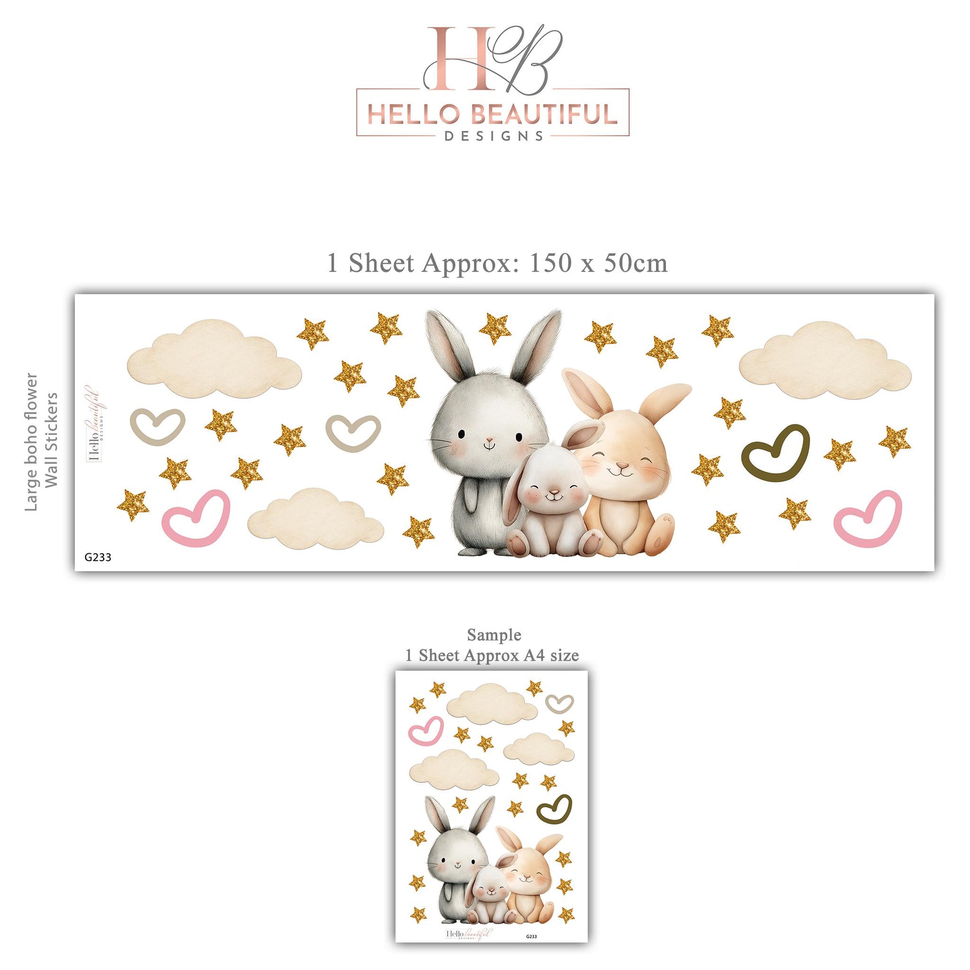 Bunny Wall Stickers, Bunny Nursery Decor, Neutral Bunny Family Star Cloud Wall Decals, Kids Room Baby Nursery Peel and Stick Art