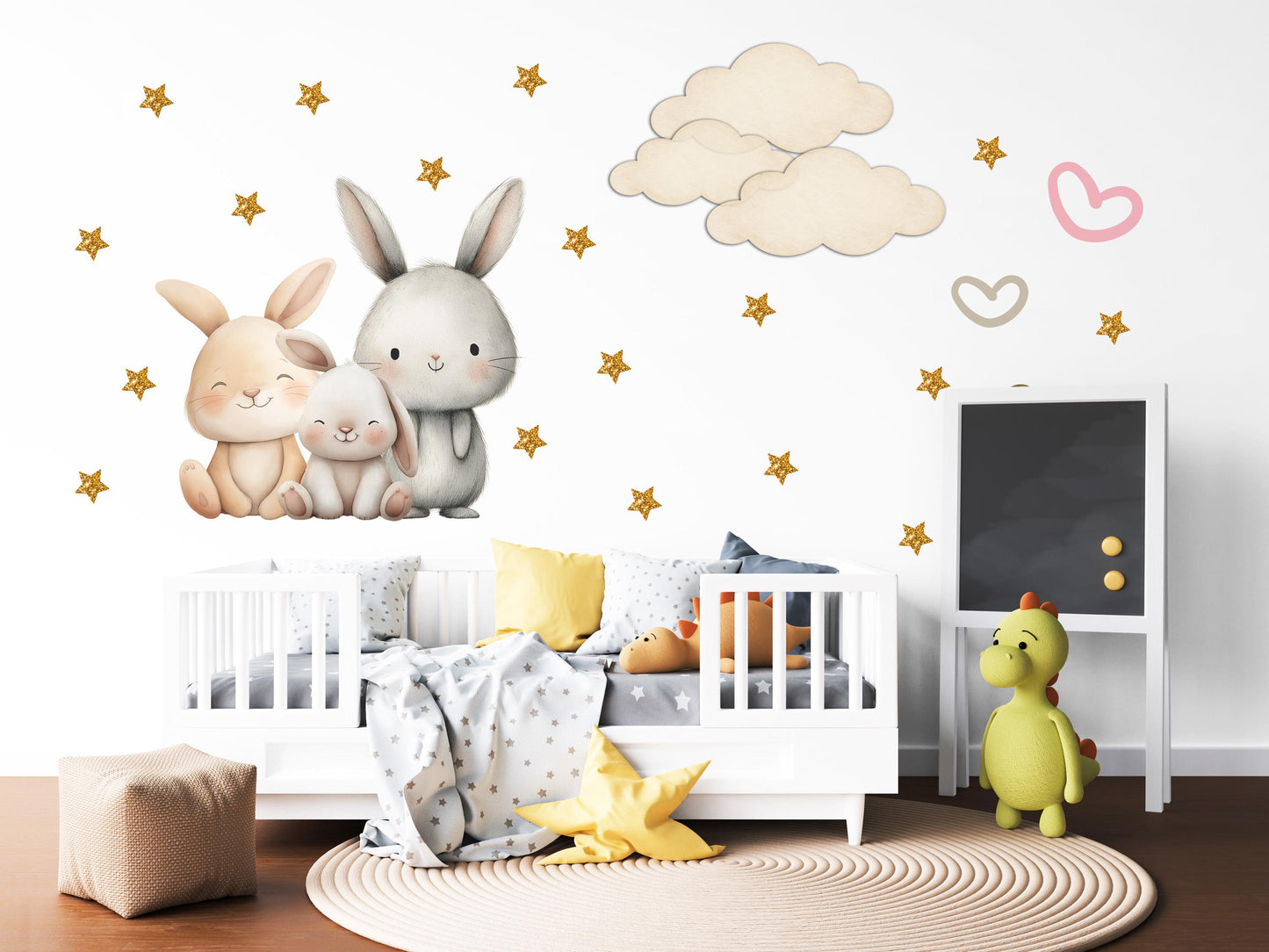 Bunny Wall Stickers, Bunny Nursery Decor, Neutral Bunny Family Star Cloud Wall Decals, Kids Room Baby Nursery Peel and Stick Art