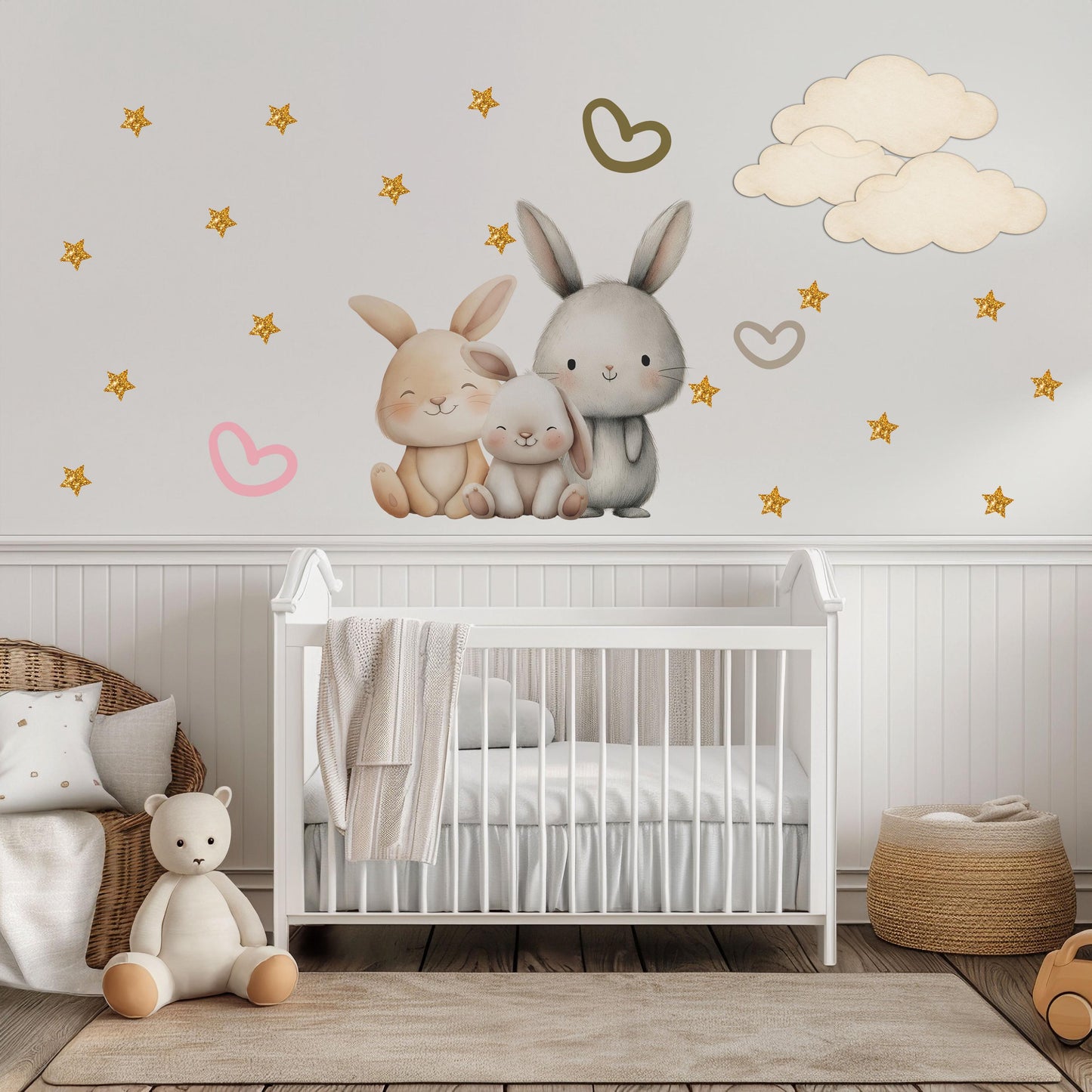 Bunny Wall Stickers, Bunny Nursery Decor, Neutral Bunny Family Star Cloud Wall Decals, Kids Room Baby Nursery Peel and Stick Art
