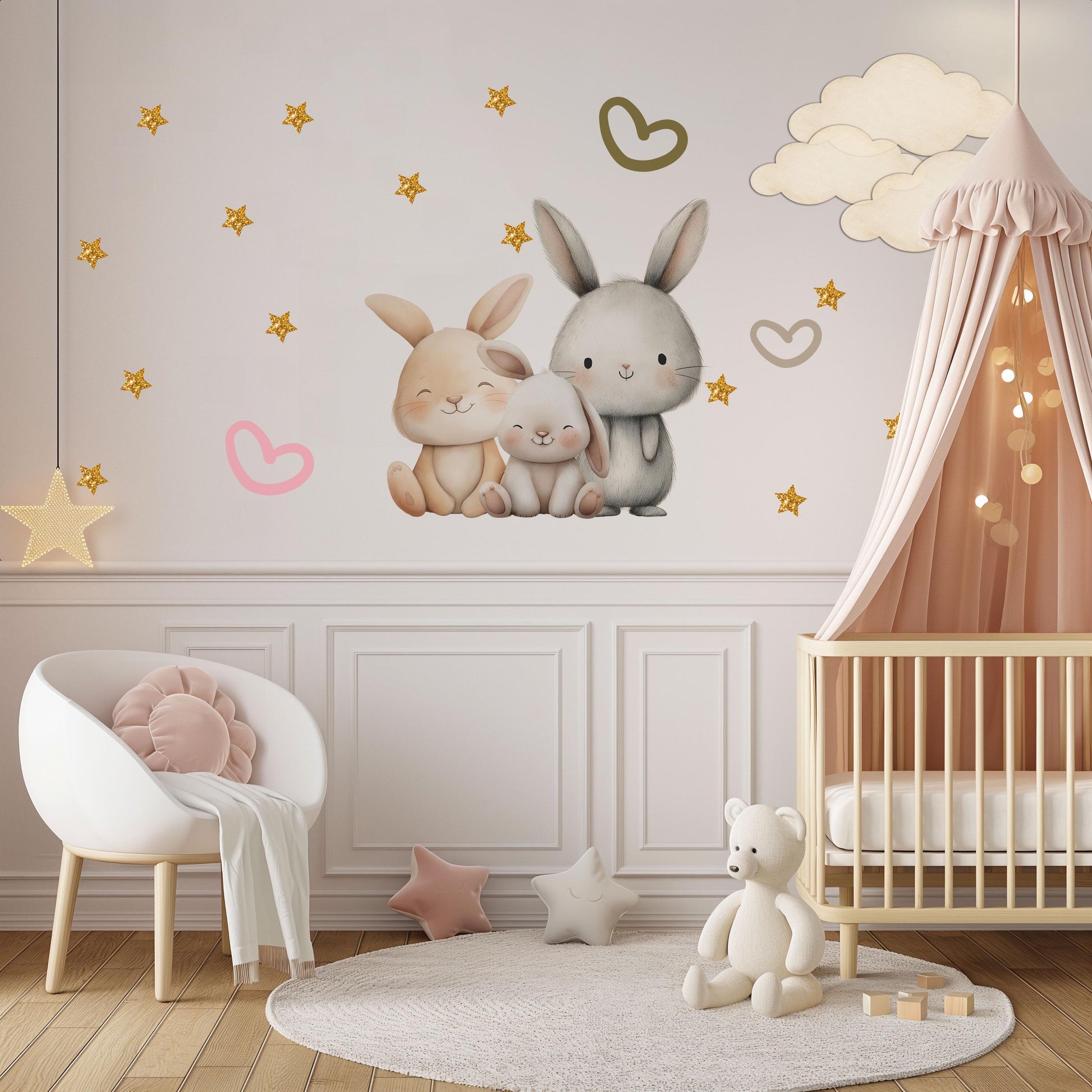 Bunny Wall Stickers, Bunny Nursery Decor, Neutral Bunny Family Star Cloud Wall Decals, Kids Room Baby Nursery Peel and Stick Art