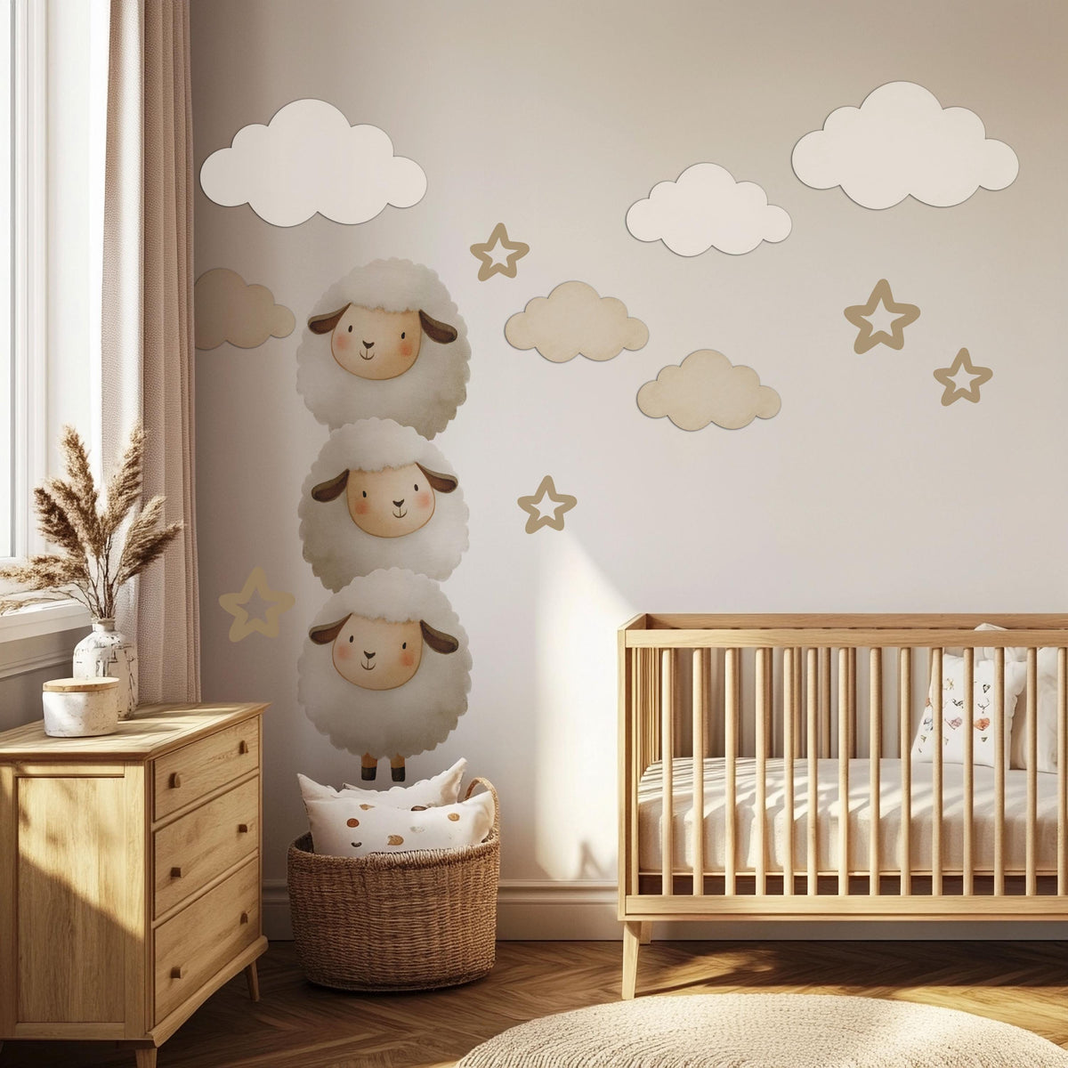 Sheep Wall Stickers, Lamb Nursery Decor, Neutral Cloud Star Wall Decals, Counting Sheep Kids Room Baby Nursery Peel and Stick Art