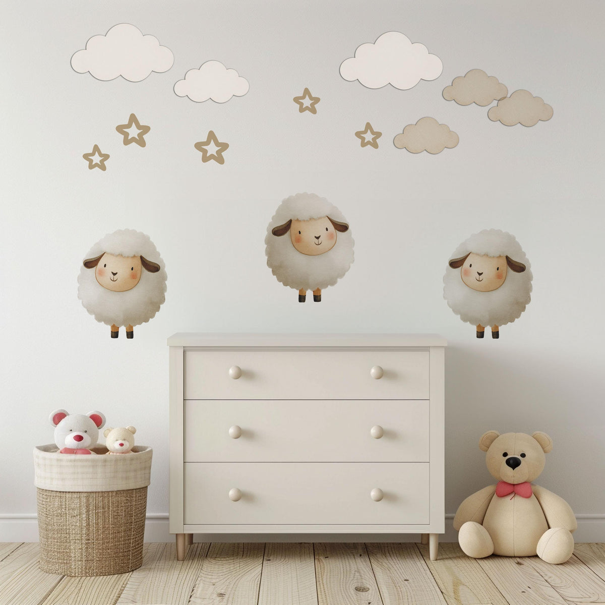 Sheep Wall Stickers, Lamb Nursery Decor, Neutral Cloud Star Wall Decals, Counting Sheep Kids Room Baby Nursery Peel and Stick Art