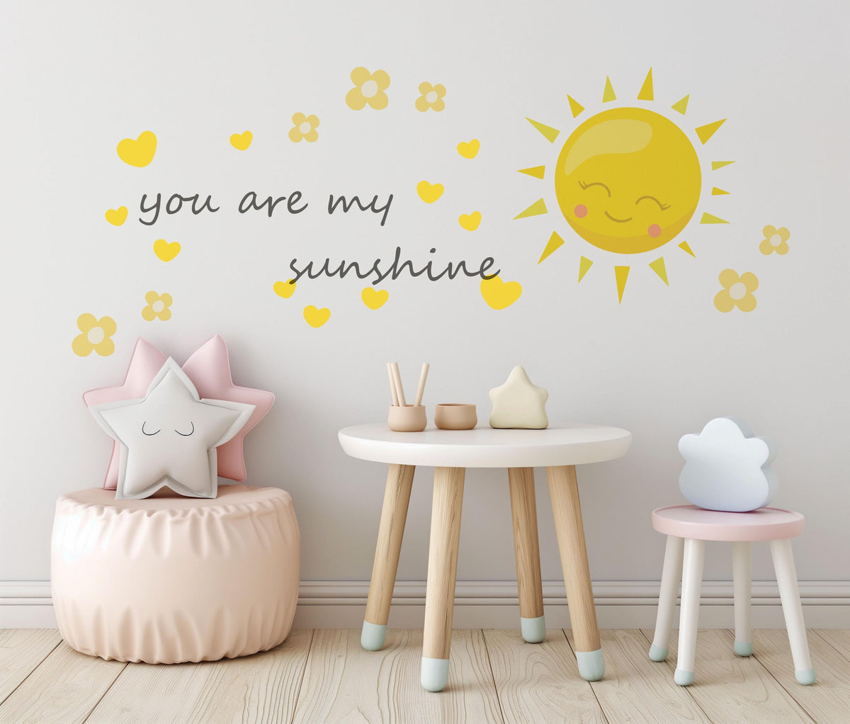 You Are My Sunshine Wall Sticker, Sunshine Nursery Decor, Sun Heart Flower Quote Wall Decals, Kids Room Baby Nursery Peel and Stick Art