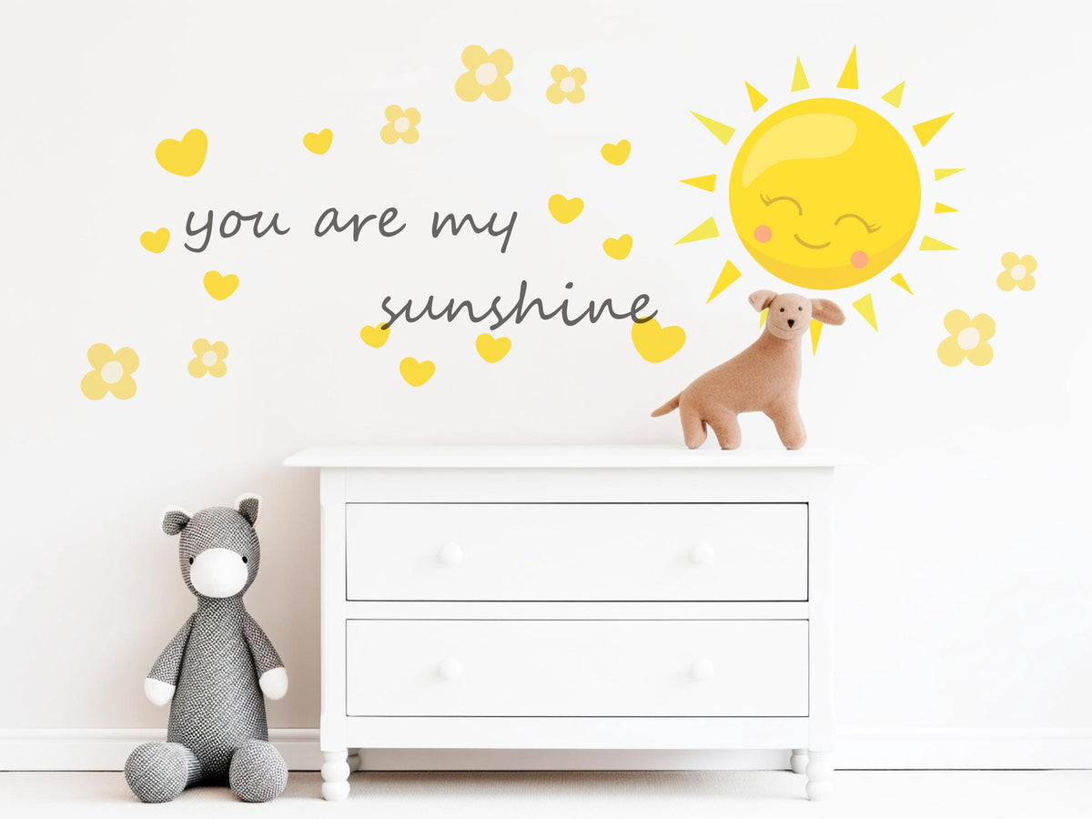 You Are My Sunshine Wall Sticker, Sunshine Nursery Decor, Sun Heart Flower Quote Wall Decals, Kids Room Baby Nursery Peel and Stick Art