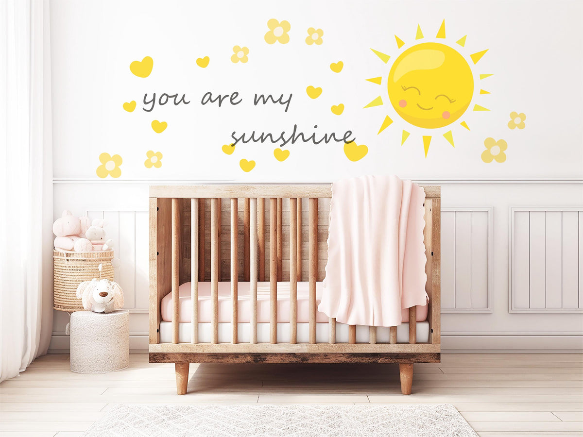 You Are My Sunshine Wall Sticker, Sunshine Nursery Decor, Sun Heart Flower Quote Wall Decals, Kids Room Baby Nursery Peel and Stick Art