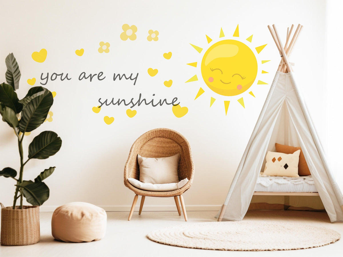 You Are My Sunshine Wall Sticker, Sunshine Nursery Decor, Sun Heart Flower Quote Wall Decals, Kids Room Baby Nursery Peel and Stick Art