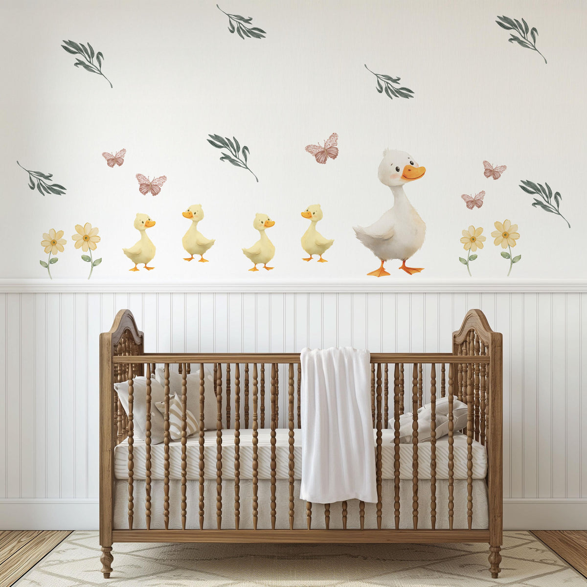 Duck Wall Stickers, Duck Nursery Decor, Duckling Daisy Butterfly Wall Decals, Neutral Farmhouse Kids Room Baby Nursery Peel and Stick Art