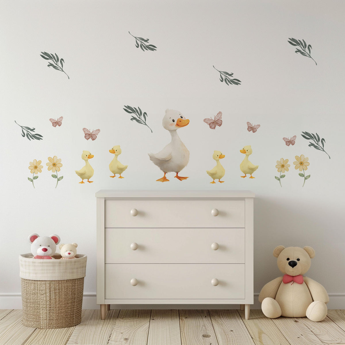Duck Wall Stickers, Duck Nursery Decor, Duckling Daisy Butterfly Wall Decals, Neutral Farmhouse Kids Room Baby Nursery Peel and Stick Art