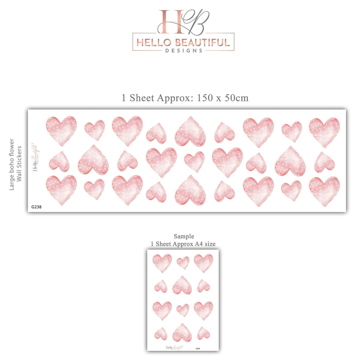 Pink Heart Wall Stickers, Girls Nursery Decor, Watercolour Boho Heart Wall Decals, Baby Girl Kids Bedroom Playroom Peel and Stick Art
