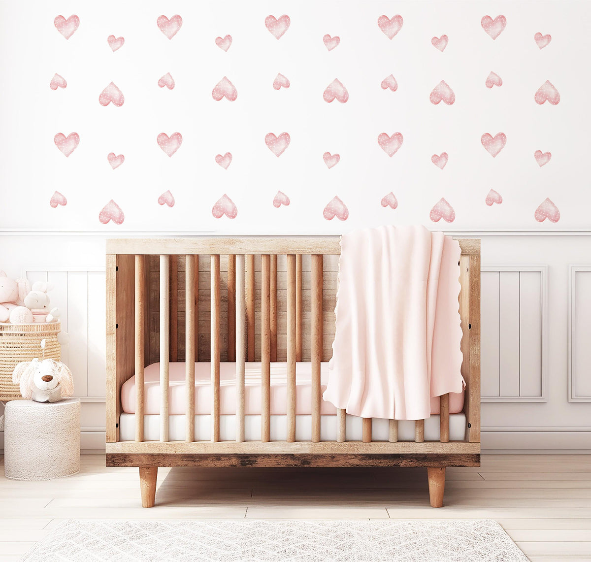 Pink Heart Wall Stickers, Girls Nursery Decor, Watercolour Boho Heart Wall Decals, Baby Girl Kids Bedroom Playroom Peel and Stick Art