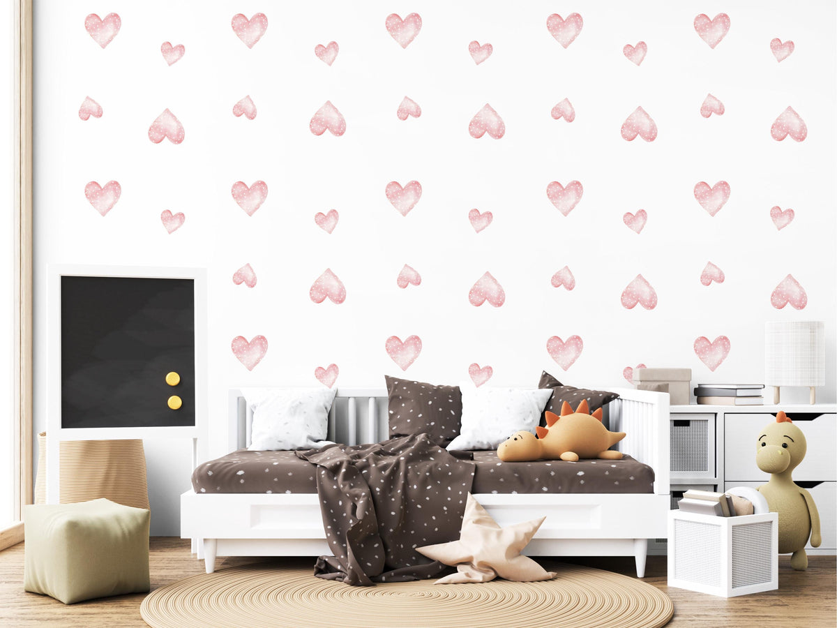 Pink Heart Wall Stickers, Girls Nursery Decor, Watercolour Boho Heart Wall Decals, Baby Girl Kids Bedroom Playroom Peel and Stick Art