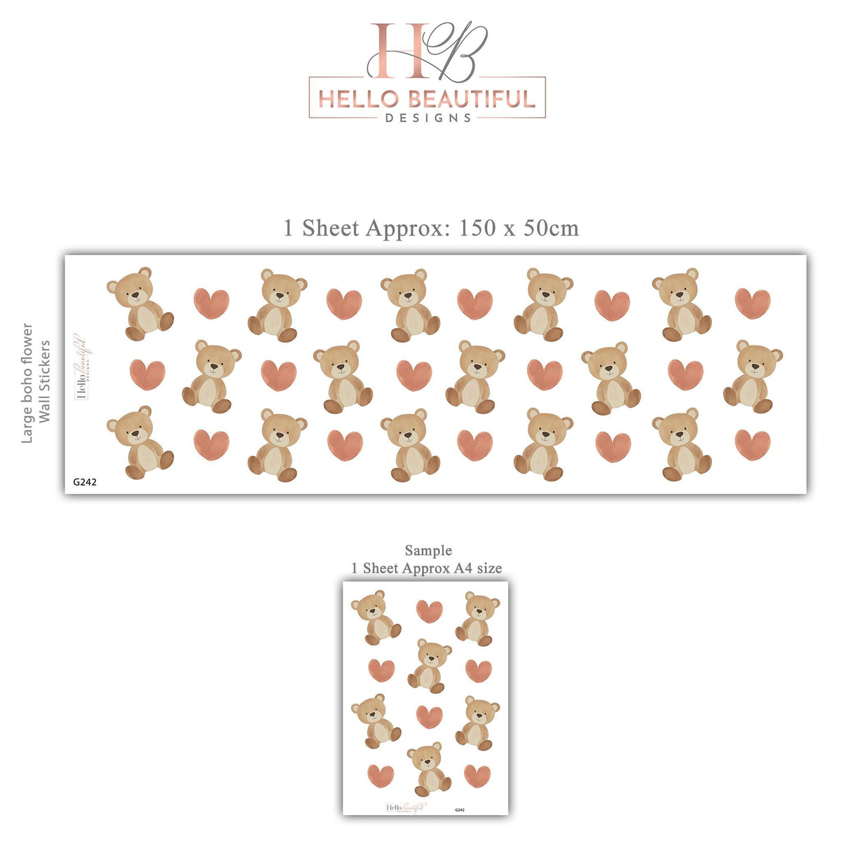 Teddy Bear Wall Stickers, Teddy Bear Nursery Decor, Boho Heart Wall Decals, Neutral Kids Room Baby Nursery Peel and Stick Wall Art