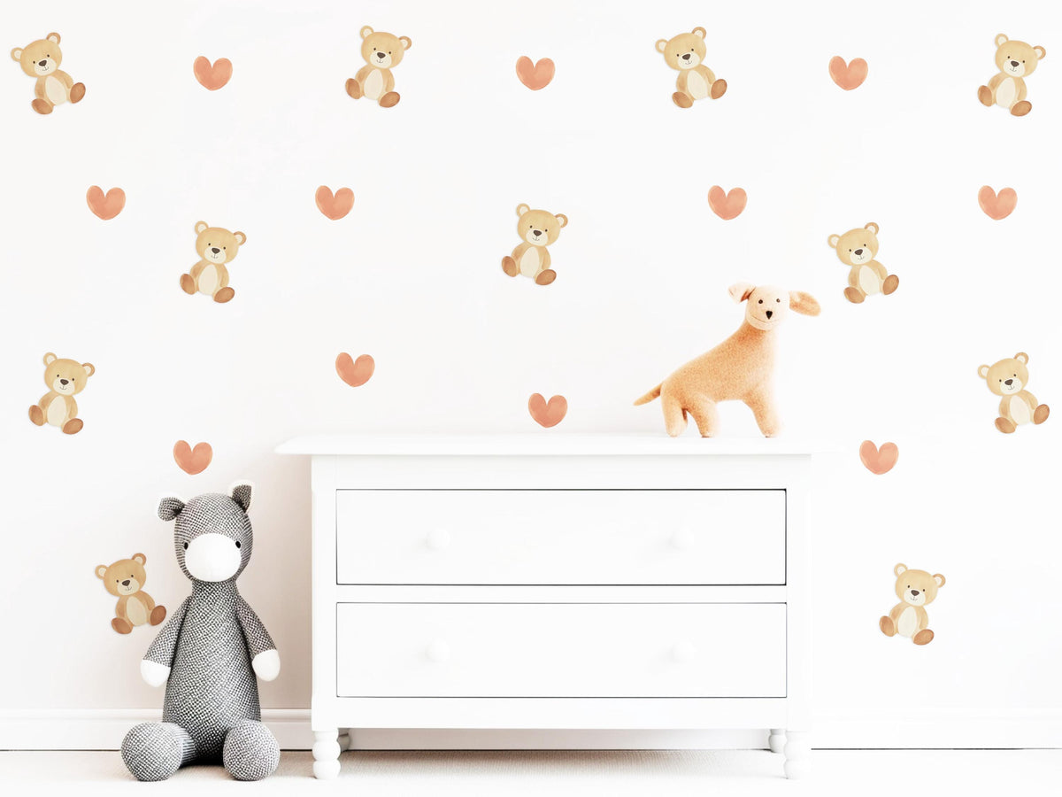 Teddy Bear Wall Stickers, Teddy Bear Nursery Decor, Boho Heart Wall Decals, Neutral Kids Room Baby Nursery Peel and Stick Wall Art