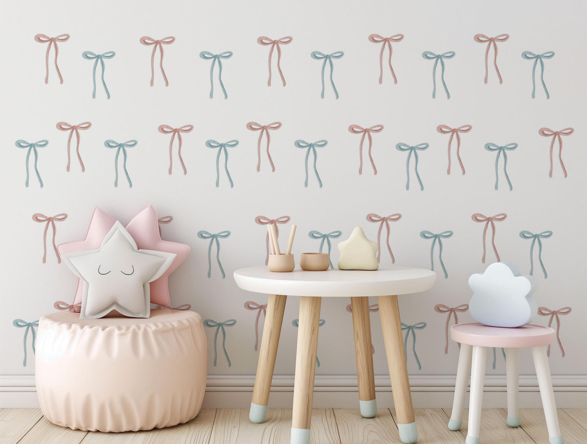 Bow Wall Decals, Boho Bow Wall Stickers, Pink Sage Nursery Decor, Gender Neutral Kids Room Baby Girl Boy Peel and Stick Wall Art