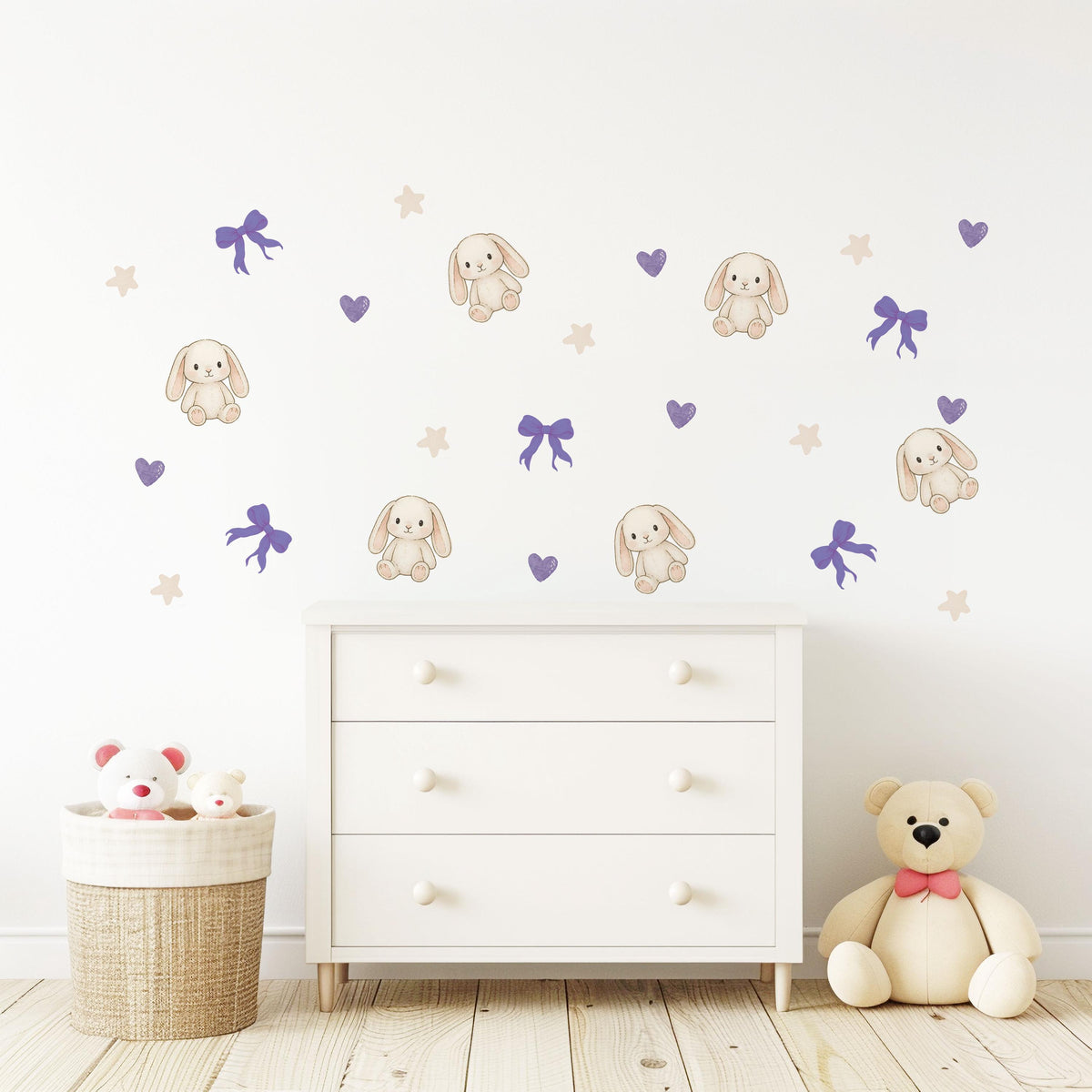 Bunny Wall Stickers, Cute Bunny Nursery Decor, Purple Bows Hearts Stars, Girls Room Kids Bedroom Rabbit Peel and Stick Wall Art