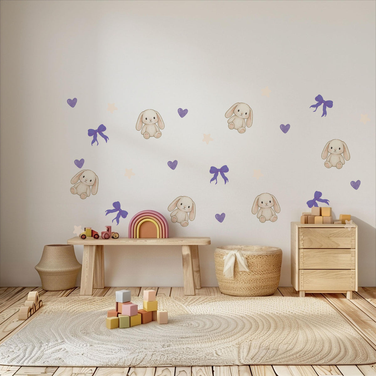 Bunny Wall Stickers, Cute Bunny Nursery Decor, Purple Bows Hearts Stars, Girls Room Kids Bedroom Rabbit Peel and Stick Wall Art