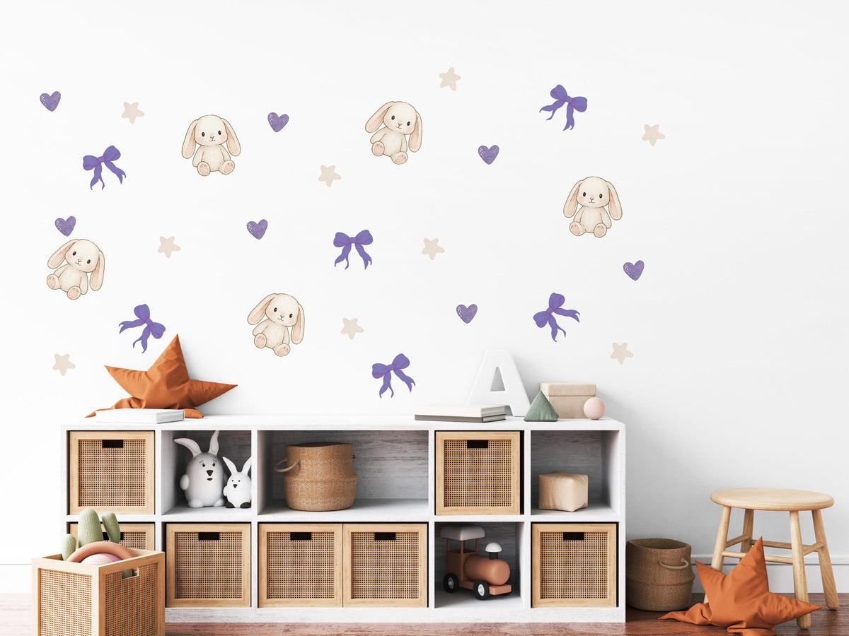 Bunny Wall Stickers, Cute Bunny Nursery Decor, Purple Bows Hearts Stars, Girls Room Kids Bedroom Rabbit Peel and Stick Wall Art