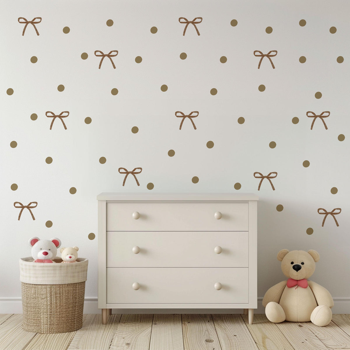 Boho Bow Wall Stickers, Neutral Nursery Decor, Tan Bow Polka Dot Wall Decals, Gender Neutral Kids Room Baby Peel and Stick Wall Art