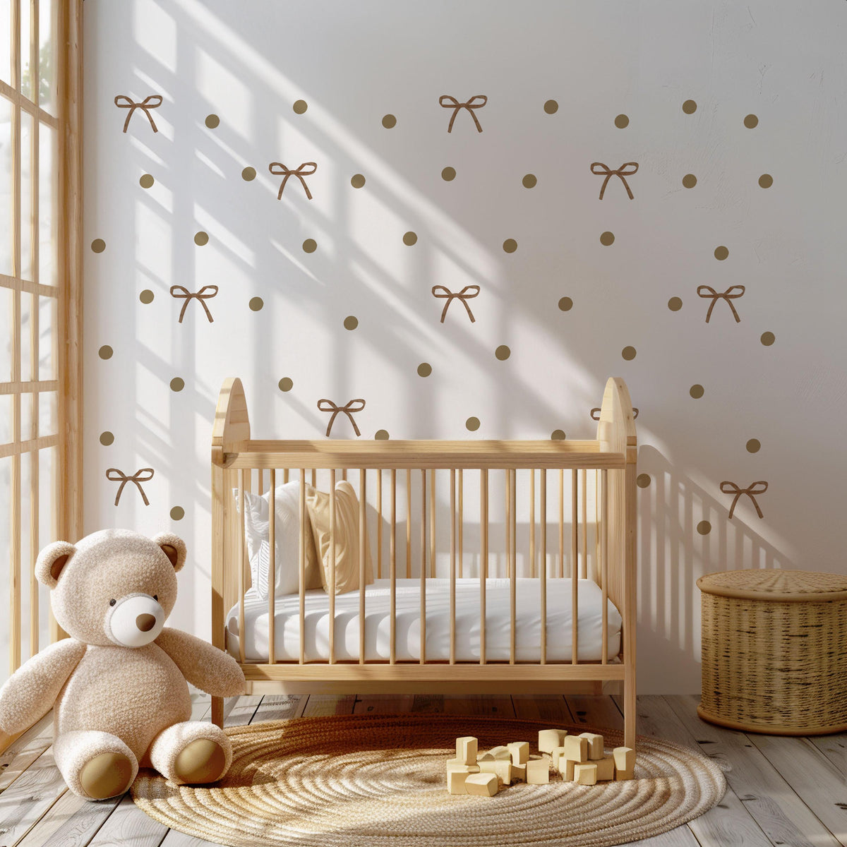 Boho Bow Wall Stickers, Neutral Nursery Decor, Tan Bow Polka Dot Wall Decals, Gender Neutral Kids Room Baby Peel and Stick Wall Art