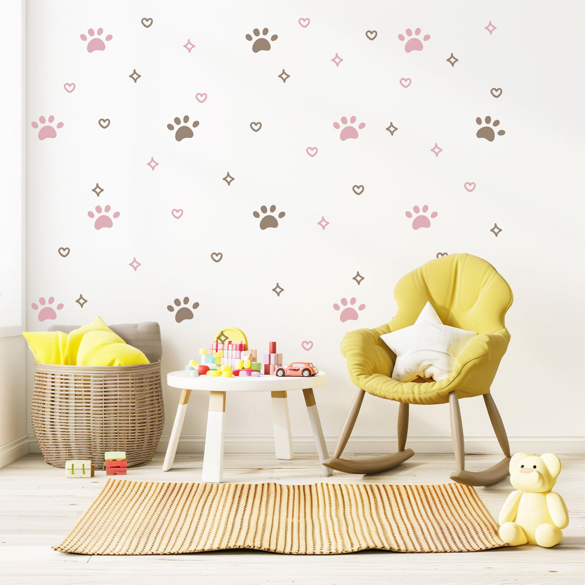 Paw Print Wall Stickers, Pink Puppy Paw Nursery Decor, Hearts Sparkles Kids Room, Girls Bedroom Cat Dog Peel and Stick Wall Art
