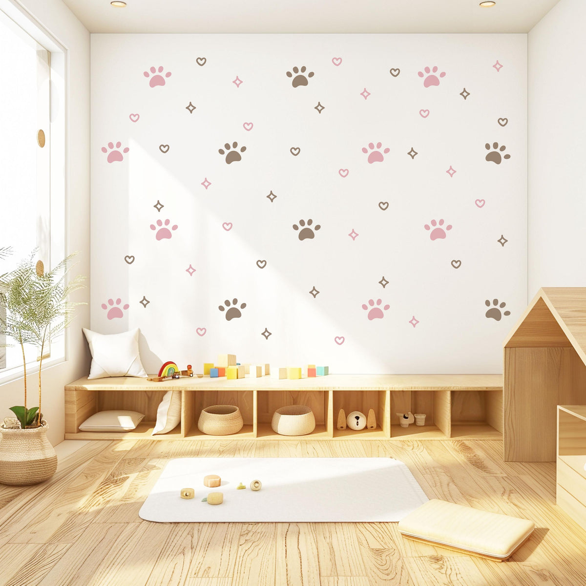 Paw Print Wall Stickers, Pink Puppy Paw Nursery Decor, Hearts Sparkles Kids Room, Girls Bedroom Cat Dog Peel and Stick Wall Art
