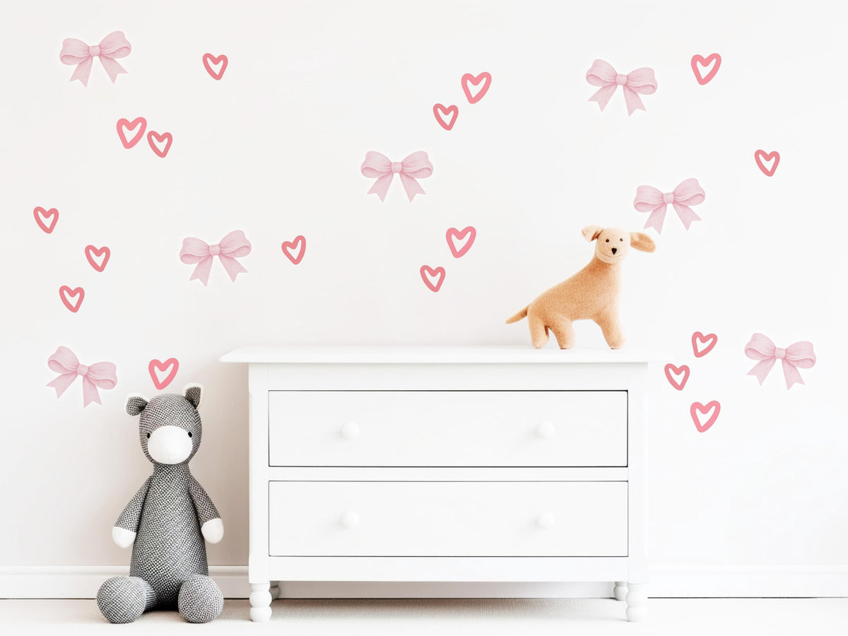 Pink Bow Wall Stickers, Coquette Heart Nursery Decor, Bow and Heart Wall Decals, Girls Room Baby Girl Nursery Peel and Stick Wall Art